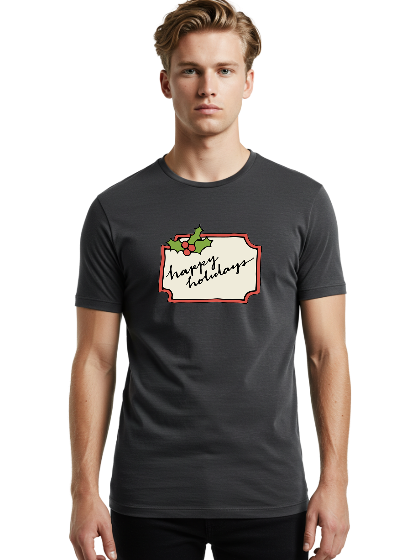 Happy-Holidays Men'S Graphic Tee, 100% Cotton, Comfortable Casual Summer Wear, Machine Washable, Happy Holidays, Festive Season, Holiday Cheer, Red Berries, Holly Leaves, Greeting Card, Celebration, Winter Wonderland, Joyous Occasion, -  Aaa921