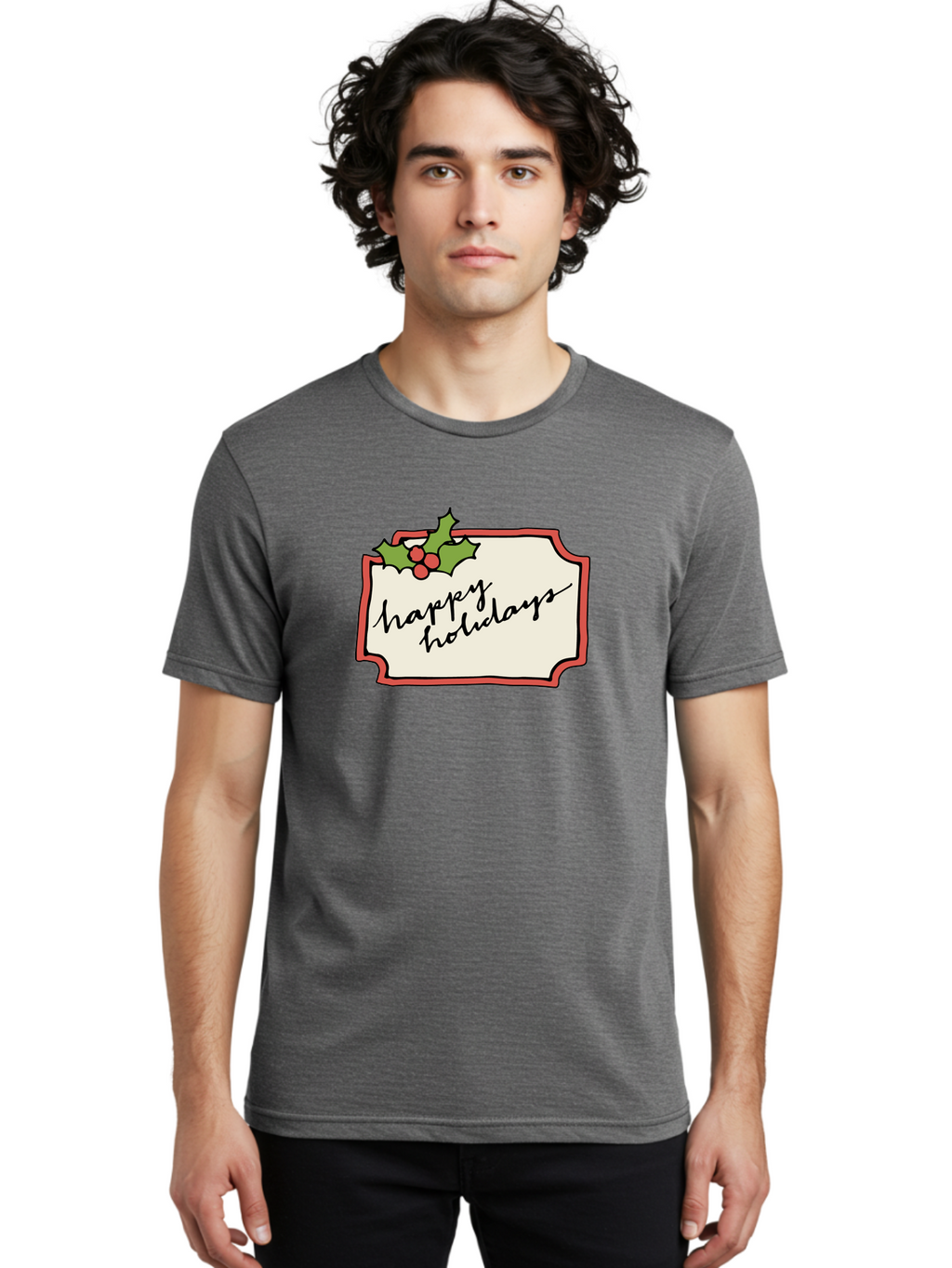 Happy-Holidays Men'S Graphic Tee, 100% Cotton, Comfortable Casual Summer Wear, Machine Washable, Happy Holidays, Festive Season, Holiday Cheer, Red Berries, Holly Leaves, Greeting Card, Celebration, Winter Wonderland, Joyous Occasion, -  Aaa921