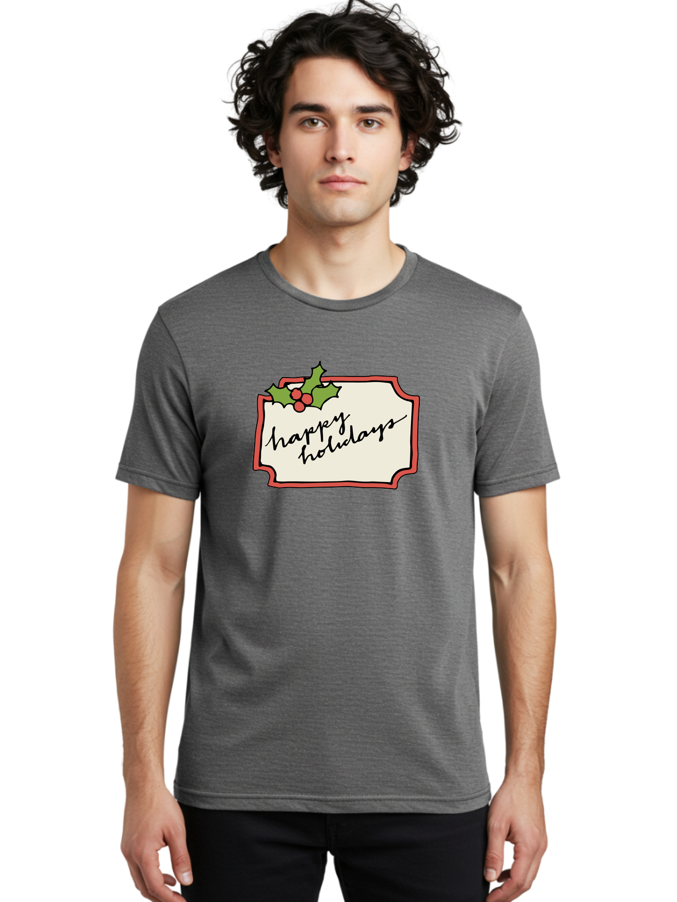Happy-Holidays Men'S Graphic Tee, 100% Cotton, Comfortable Casual Summer Wear, Machine Washable, Happy Holidays, Festive Season, Holiday Cheer, Red Berries, Holly Leaves, Greeting Card, Celebration, Winter Wonderland, Joyous Occasion, -  Aaa921