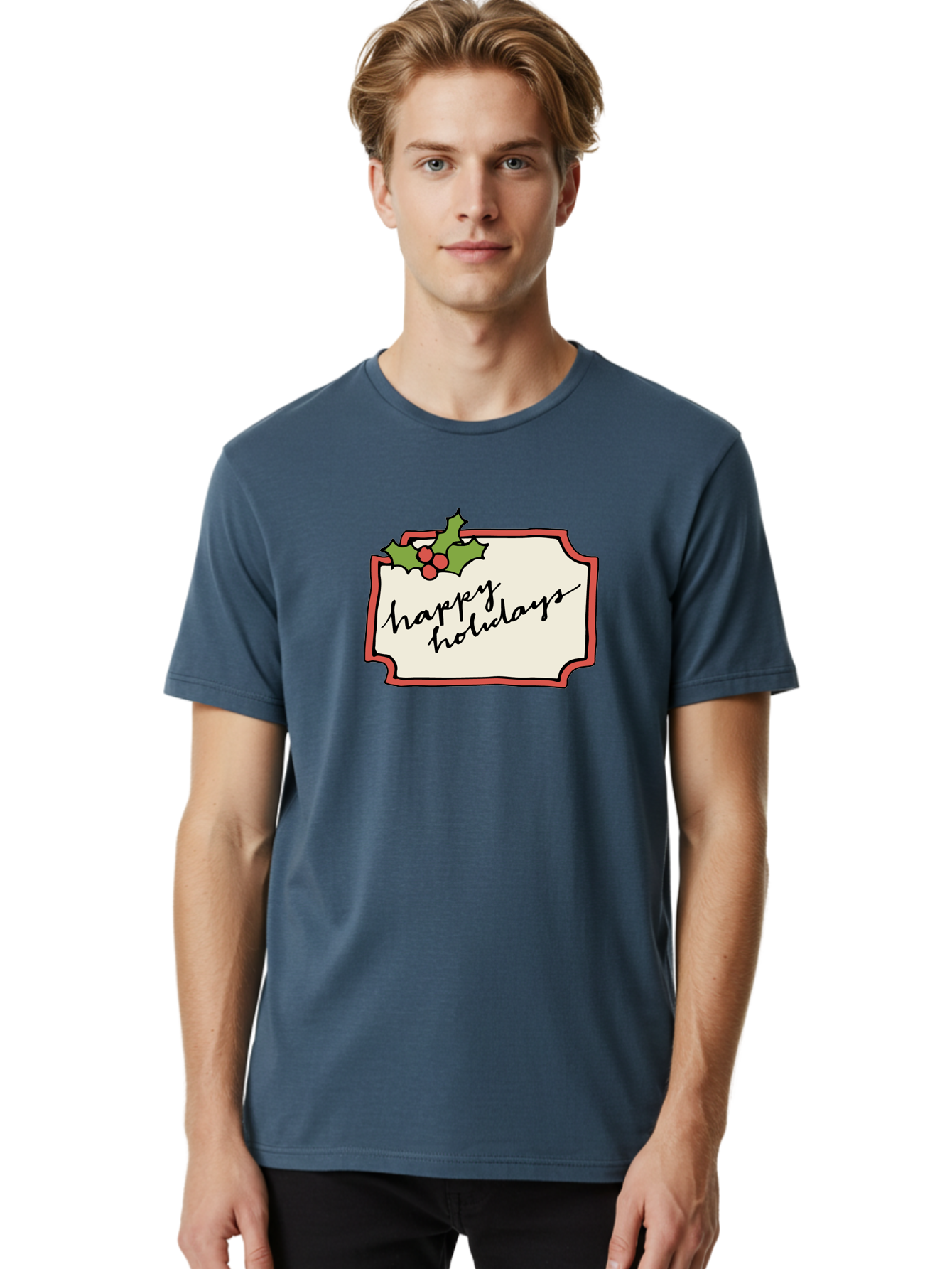 Happy-Holidays Men'S Graphic Tee, 100% Cotton, Comfortable Casual Summer Wear, Machine Washable, Happy Holidays, Festive Season, Holiday Cheer, Red Berries, Holly Leaves, Greeting Card, Celebration, Winter Wonderland, Joyous Occasion, -  Aaa921