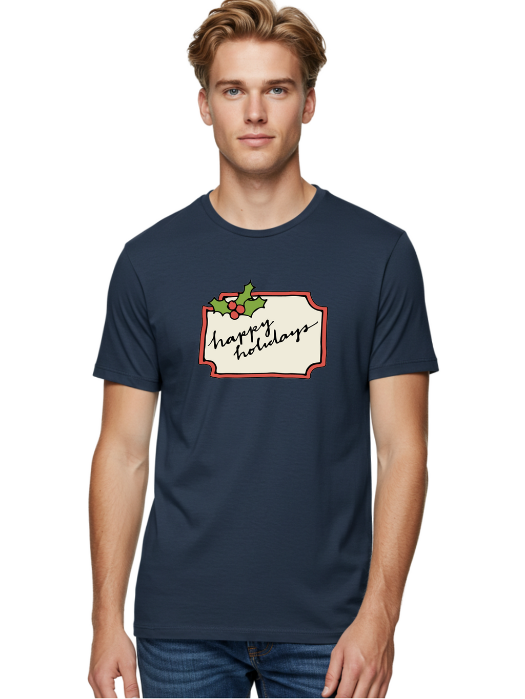 Happy-Holidays Men'S Graphic Tee, 100% Cotton, Comfortable Casual Summer Wear, Machine Washable, Happy Holidays, Festive Season, Holiday Cheer, Red Berries, Holly Leaves, Greeting Card, Celebration, Winter Wonderland, Joyous Occasion, -  Aaa921