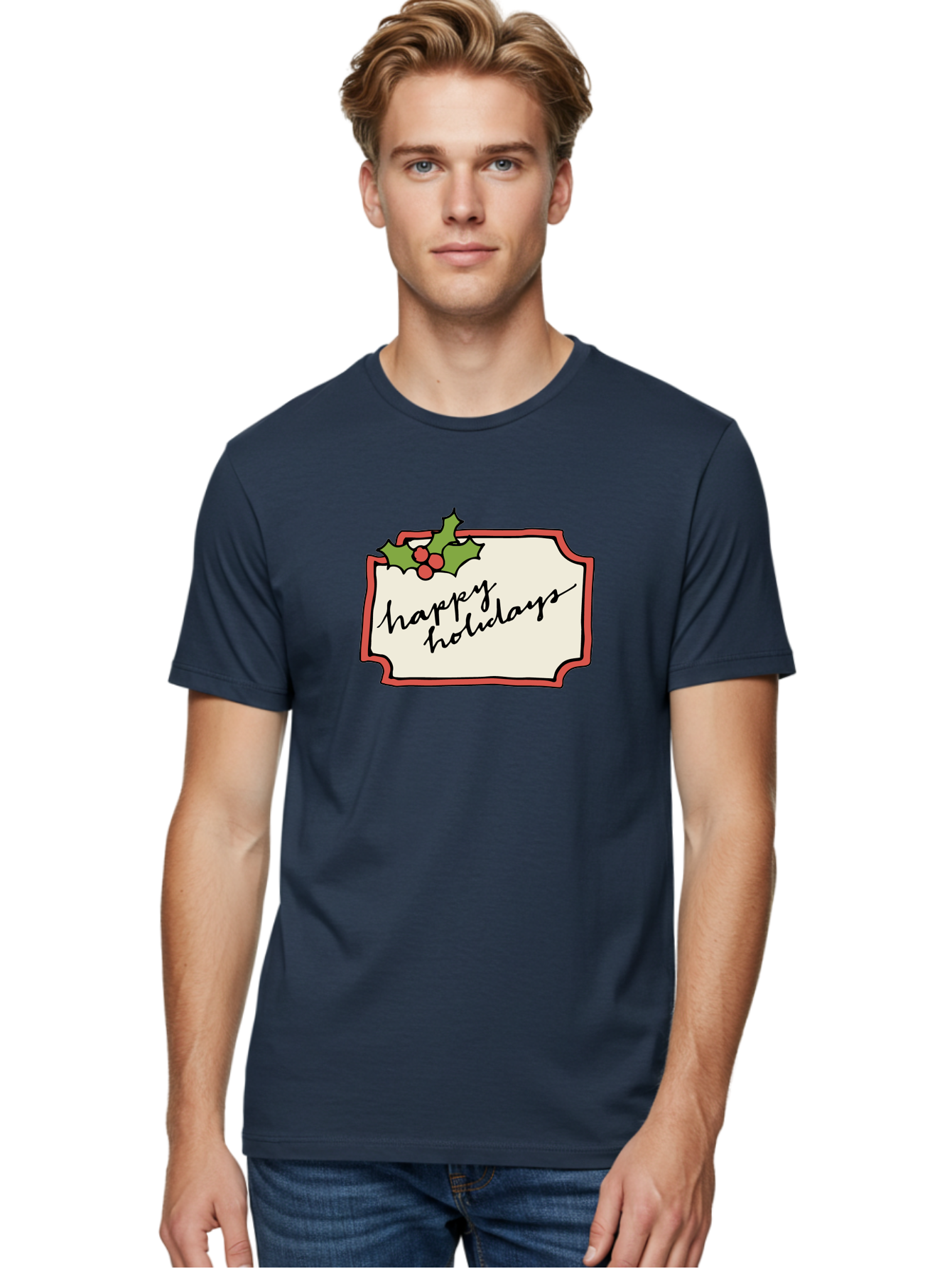 Happy-Holidays Men'S Graphic Tee, 100% Cotton, Comfortable Casual Summer Wear, Machine Washable, Happy Holidays, Festive Season, Holiday Cheer, Red Berries, Holly Leaves, Greeting Card, Celebration, Winter Wonderland, Joyous Occasion, -  Aaa921