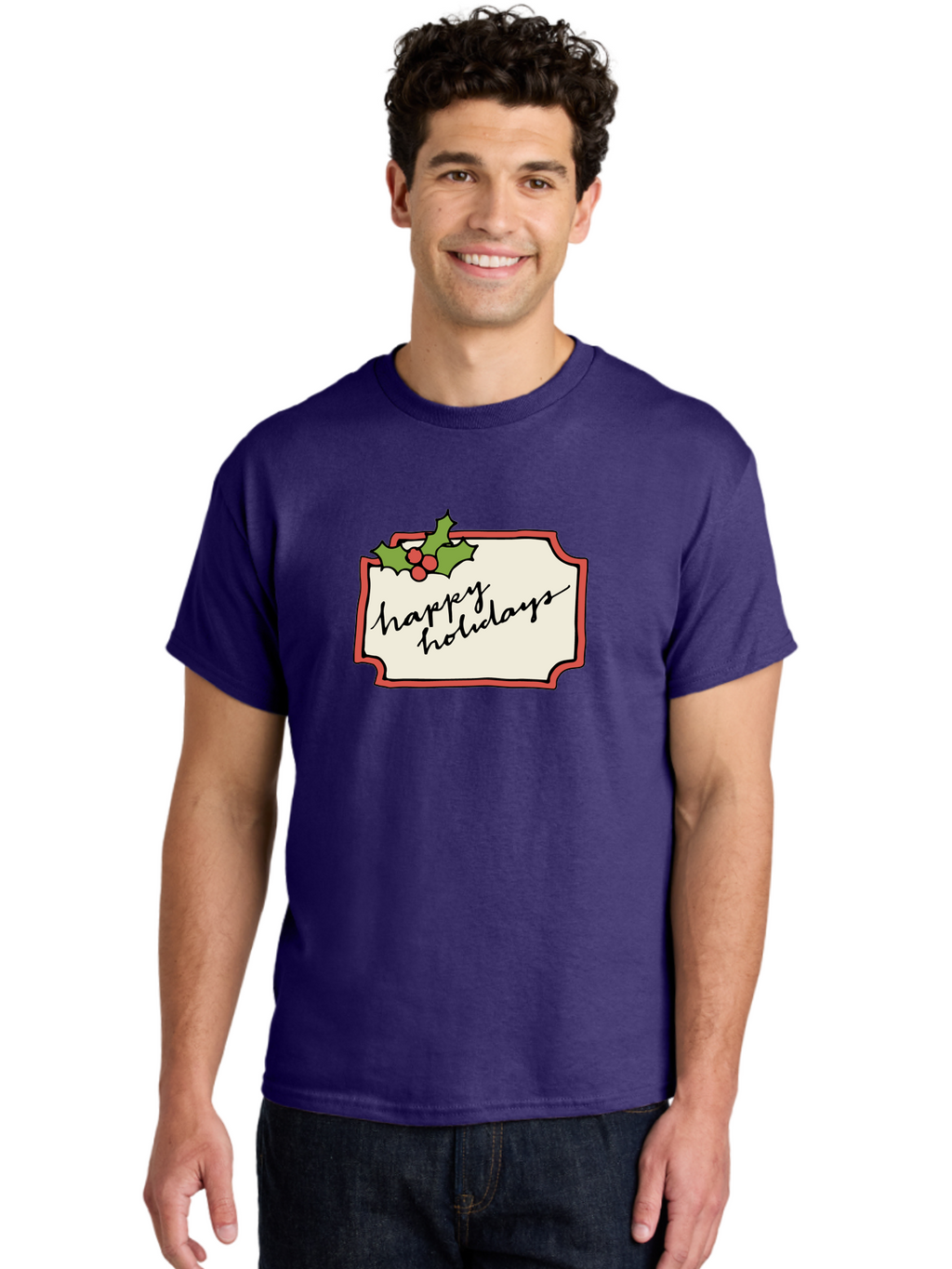 Happy-Holidays Men'S Graphic Tee, 100% Cotton, Comfortable Casual Summer Wear, Machine Washable, Happy Holidays, Festive Season, Holiday Cheer, Red Berries, Holly Leaves, Greeting Card, Celebration, Winter Wonderland, Joyous Occasion, -  Aaa921