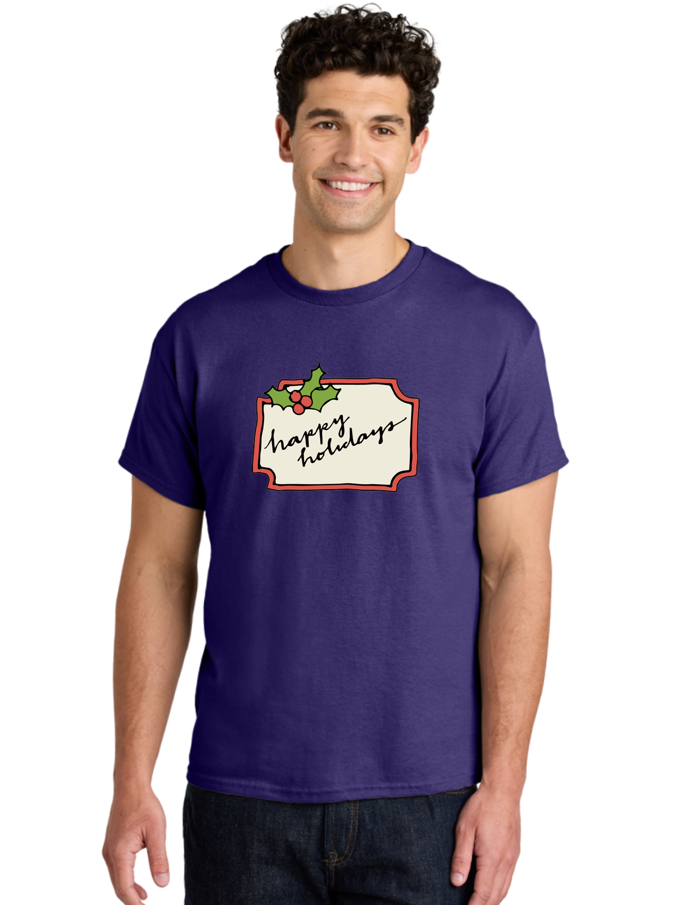 Happy-Holidays Men'S Graphic Tee, 100% Cotton, Comfortable Casual Summer Wear, Machine Washable, Happy Holidays, Festive Season, Holiday Cheer, Red Berries, Holly Leaves, Greeting Card, Celebration, Winter Wonderland, Joyous Occasion, -  Aaa921