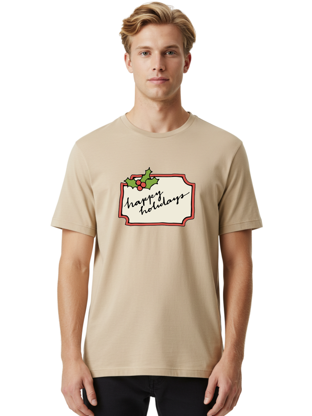 Happy-Holidays Men'S Graphic Tee, 100% Cotton, Comfortable Casual Summer Wear, Machine Washable, Happy Holidays, Festive Season, Holiday Cheer, Red Berries, Holly Leaves, Greeting Card, Celebration, Winter Wonderland, Joyous Occasion, -  Aaa921