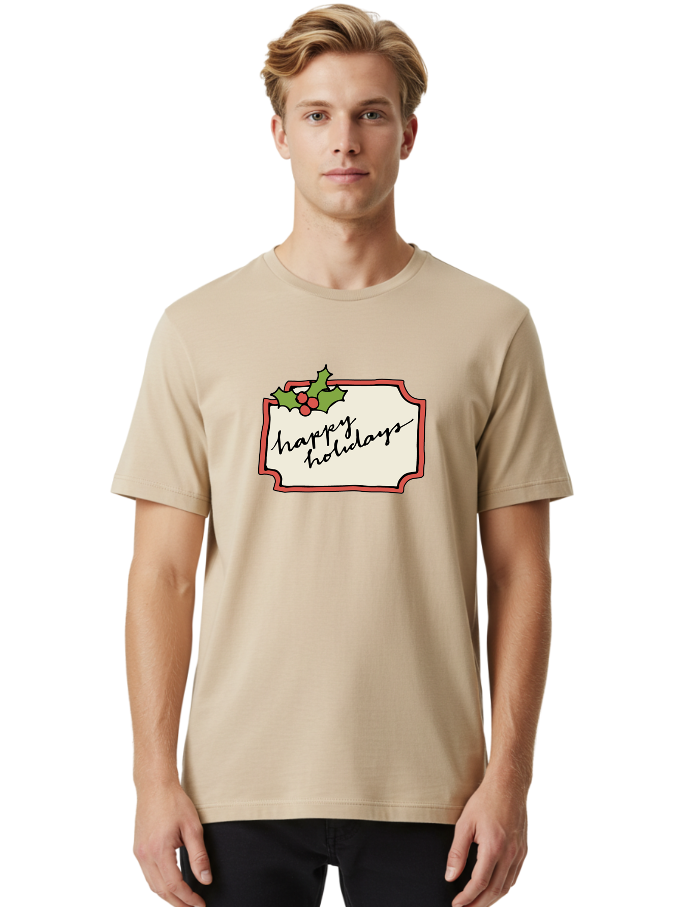 Happy-Holidays Men'S Graphic Tee, 100% Cotton, Comfortable Casual Summer Wear, Machine Washable, Happy Holidays, Festive Season, Holiday Cheer, Red Berries, Holly Leaves, Greeting Card, Celebration, Winter Wonderland, Joyous Occasion, -  Aaa921