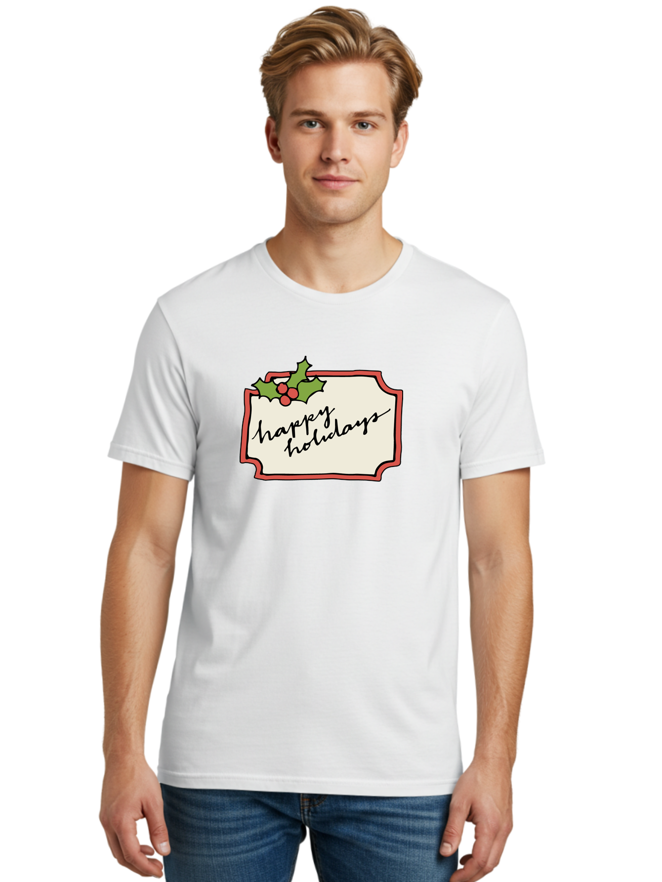 Happy-Holidays Men'S Graphic Tee, 100% Cotton, Comfortable Casual Summer Wear, Machine Washable, Happy Holidays, Festive Season, Holiday Cheer, Red Berries, Holly Leaves, Greeting Card, Celebration, Winter Wonderland, Joyous Occasion, -  Aaa921
