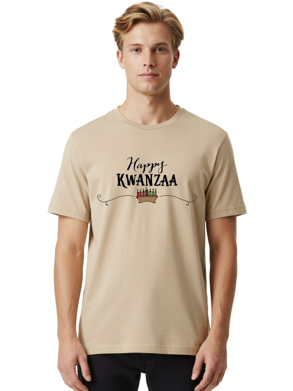 Happy-Kwanzaa Men'S Graphic Tee, 100% Cotton, Comfortable Casual Summer Wear, Machine Washable, Happy Kwanzaa, Kinara Candles, African American Culture, Celebration, Unity, Community, Holiday Greeting -  Aaa922