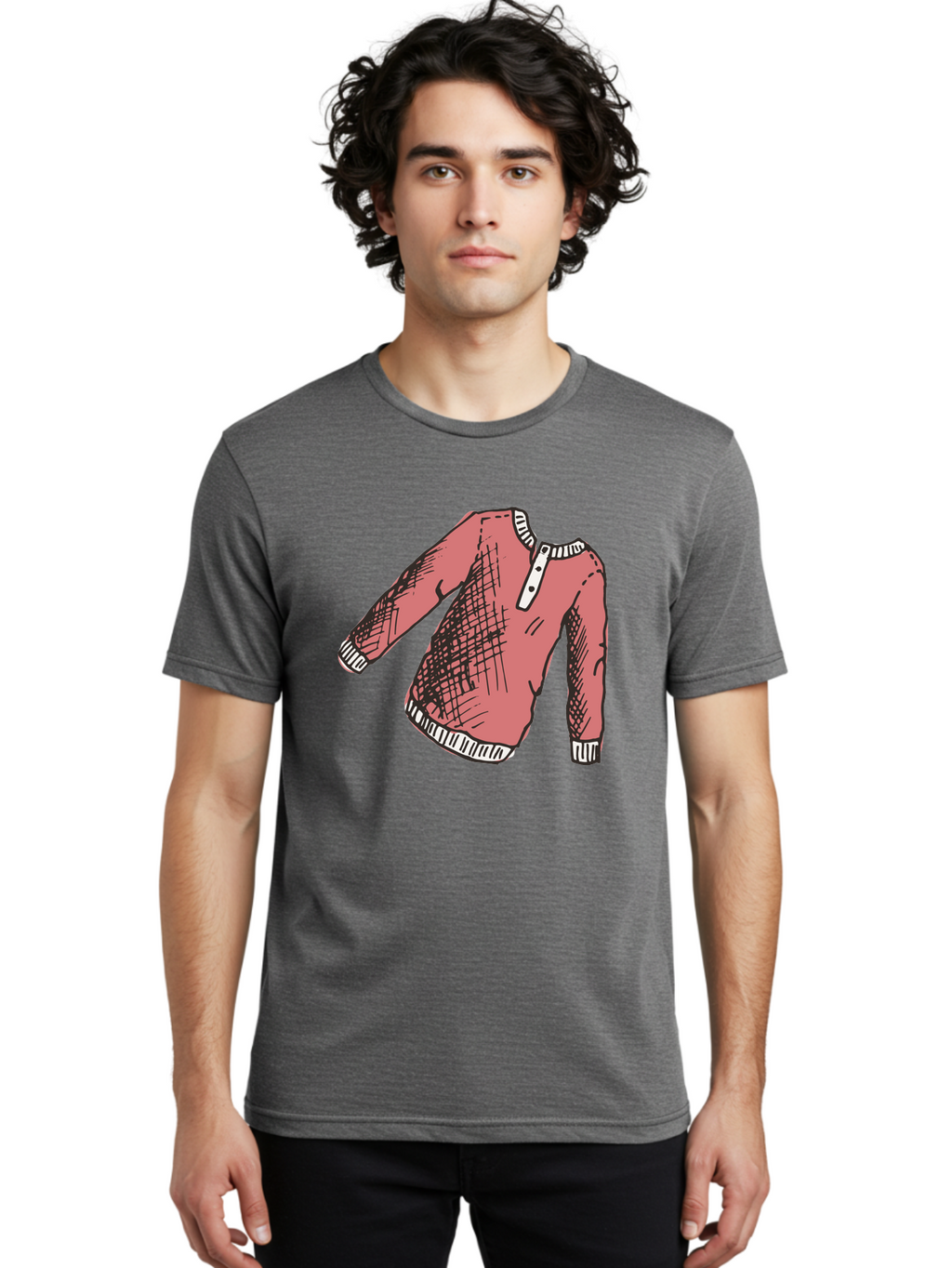 Henley-Shirt Men'S Graphic Tee, 100% Cotton, Comfortable Casual Summer Wear, Machine Washable, Pink Sweater, Casual Wear, Knitted Fabric, White Trim, Three-Button Placket, Scratchy Sketch Lines, Fashion Illustration, Clothing Design, -  Aaa926