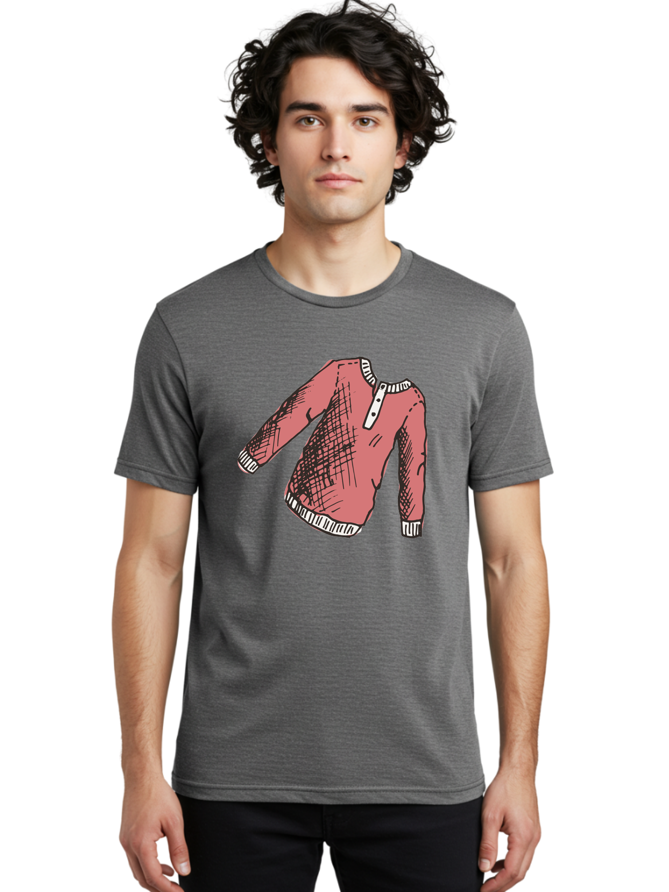 Henley-Shirt Men'S Graphic Tee, 100% Cotton, Comfortable Casual Summer Wear, Machine Washable, Pink Sweater, Casual Wear, Knitted Fabric, White Trim, Three-Button Placket, Scratchy Sketch Lines, Fashion Illustration, Clothing Design, -  Aaa926