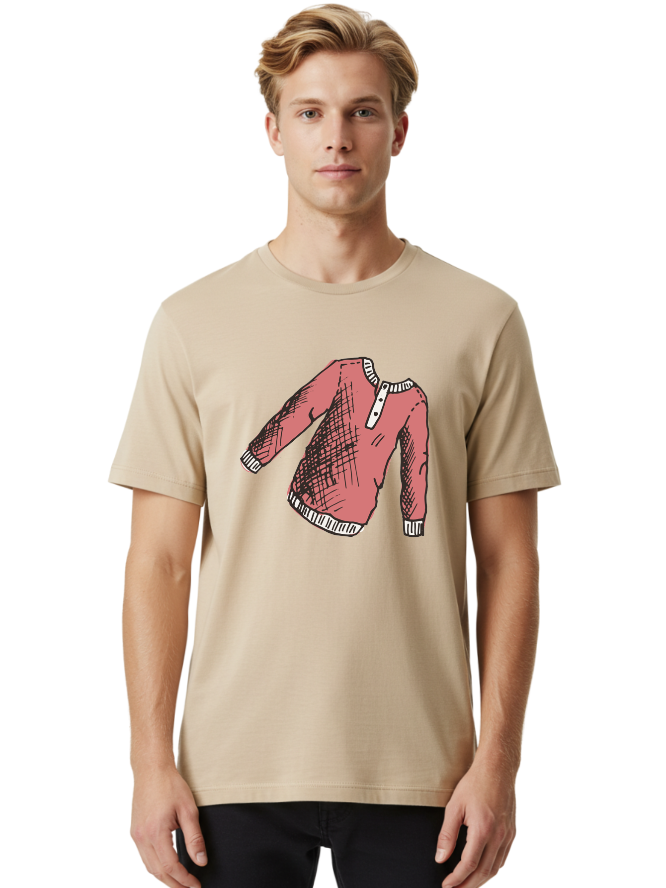Henley-Shirt Men'S Graphic Tee, 100% Cotton, Comfortable Casual Summer Wear, Machine Washable, Pink Sweater, Casual Wear, Knitted Fabric, White Trim, Three-Button Placket, Scratchy Sketch Lines, Fashion Illustration, Clothing Design, -  Aaa926