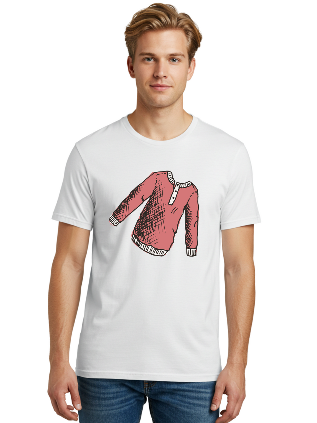 Henley-Shirt Men'S Graphic Tee, 100% Cotton, Comfortable Casual Summer Wear, Machine Washable, Pink Sweater, Casual Wear, Knitted Fabric, White Trim, Three-Button Placket, Scratchy Sketch Lines, Fashion Illustration, Clothing Design, -  Aaa926