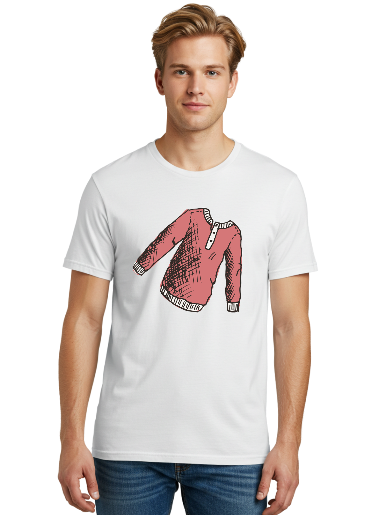Henley-Shirt Men'S Graphic Tee, 100% Cotton, Comfortable Casual Summer Wear, Machine Washable, Pink Sweater, Casual Wear, Knitted Fabric, White Trim, Three-Button Placket, Scratchy Sketch Lines, Fashion Illustration, Clothing Design, -  Aaa926