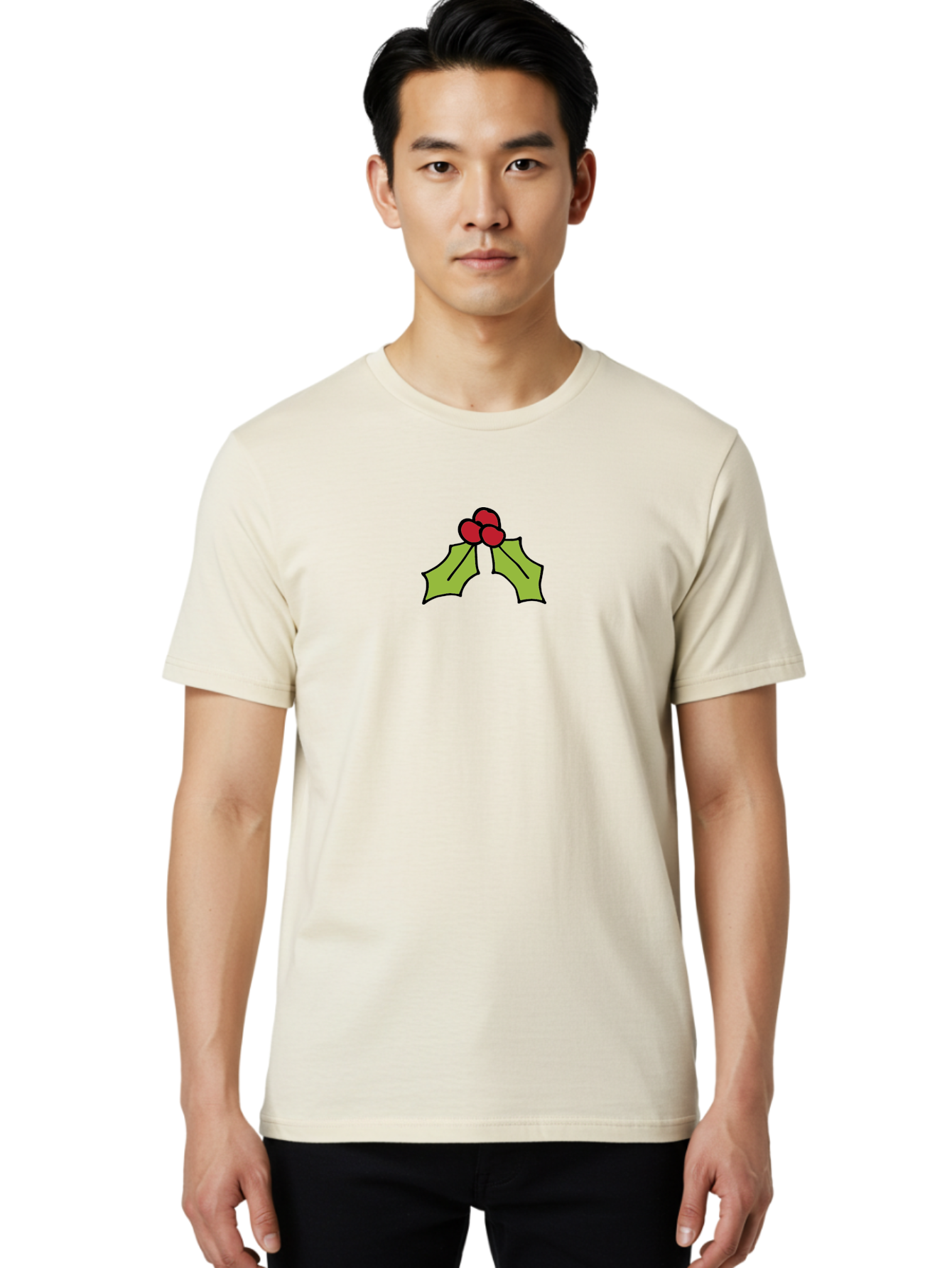 Holly-5 Men'S Graphic Tee, 100% Cotton, Comfortable Casual Summer Wear, Machine Washable, Holiday Decoration, Festive Symbol, Christmas Icon, Red Berries, Green Leaves, Winter Decor, Seasonal Graphic, Cartoon Illustration, Simple Design -  Aaa932