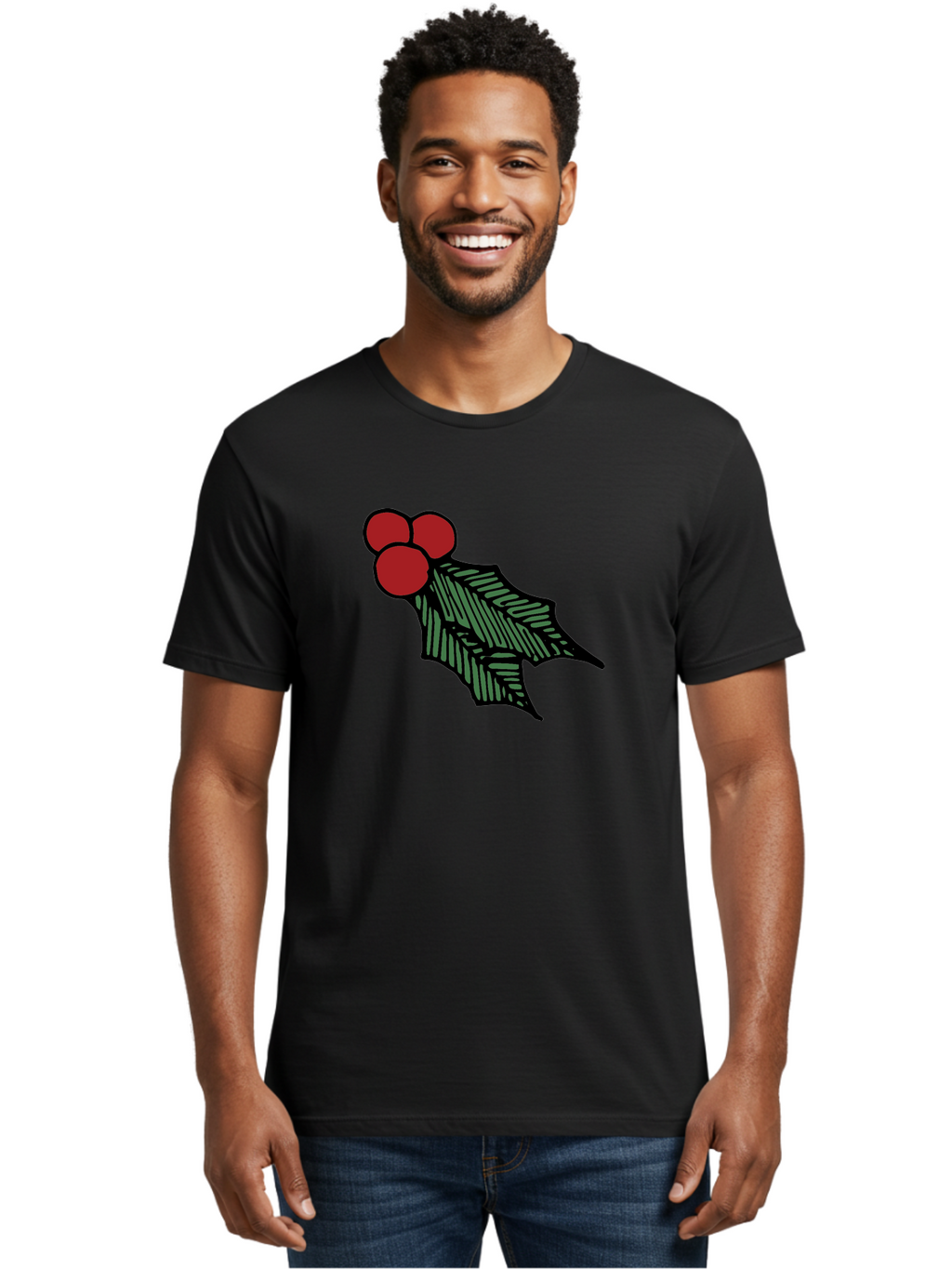 Holly-Leaf-With-Berries Men'S Graphic Tee, 100% Cotton, Comfortable Casual Summer Wear, Machine Washable, Holiday Decor, Festive Illustration, Christmas Symbolism, Holly Leaves, Red Berries, Winter Decoration, Seasonal Graphics -  Aaa933