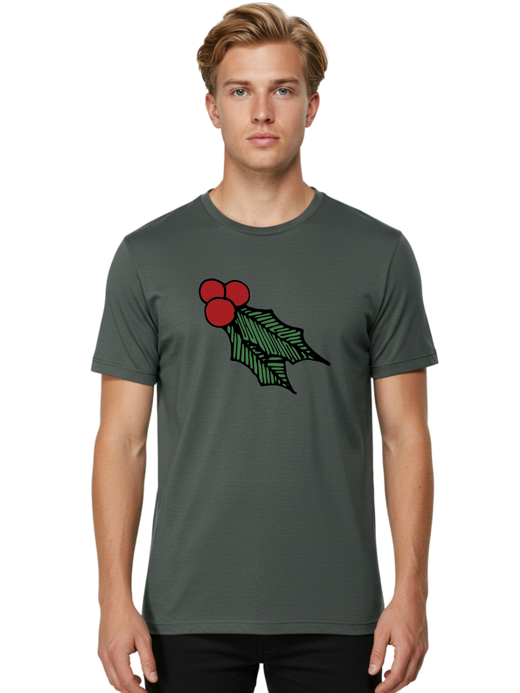 Holly-Leaf-With-Berries Men'S Graphic Tee, 100% Cotton, Comfortable Casual Summer Wear, Machine Washable, Holiday Decor, Festive Illustration, Christmas Symbolism, Holly Leaves, Red Berries, Winter Decoration, Seasonal Graphics -  Aaa933