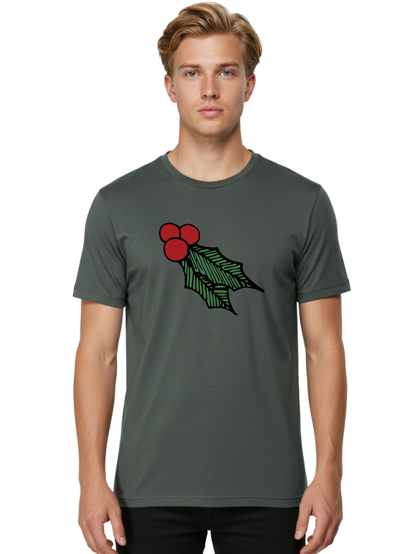 Holly-Leaf-With-Berries Men'S Graphic Tee, 100% Cotton, Comfortable Casual Summer Wear, Machine Washable, Holiday Decor, Festive Illustration, Christmas Symbolism, Holly Leaves, Red Berries, Winter Decoration, Seasonal Graphics -  Aaa933