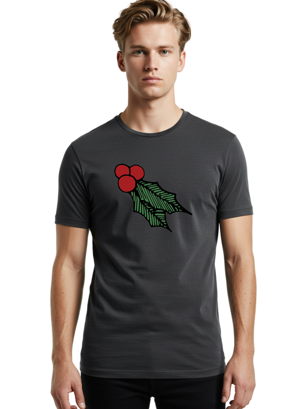 Holly-Leaf-With-Berries Men'S Graphic Tee, 100% Cotton, Comfortable Casual Summer Wear, Machine Washable, Holiday Decor, Festive Illustration, Christmas Symbolism, Holly Leaves, Red Berries, Winter Decoration, Seasonal Graphics -  Aaa933