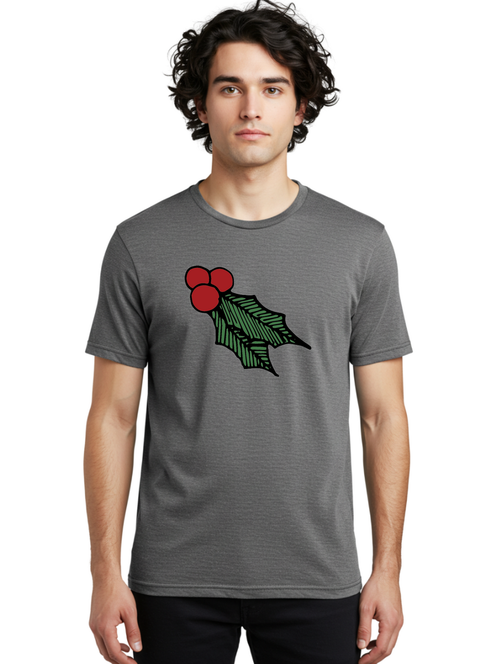 Holly-Leaf-With-Berries Men'S Graphic Tee, 100% Cotton, Comfortable Casual Summer Wear, Machine Washable, Holiday Decor, Festive Illustration, Christmas Symbolism, Holly Leaves, Red Berries, Winter Decoration, Seasonal Graphics -  Aaa933