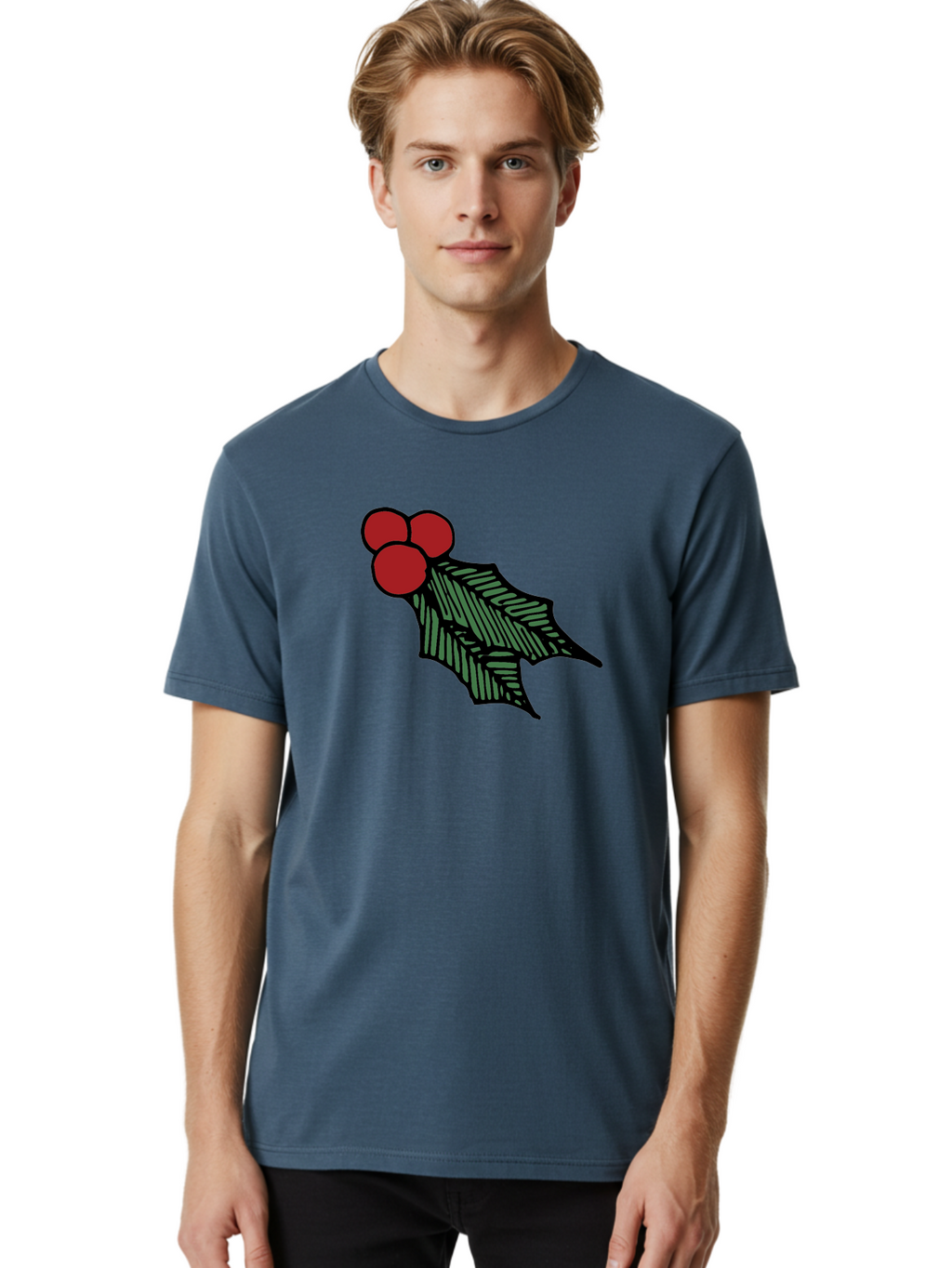 Holly-Leaf-With-Berries Men'S Graphic Tee, 100% Cotton, Comfortable Casual Summer Wear, Machine Washable, Holiday Decor, Festive Illustration, Christmas Symbolism, Holly Leaves, Red Berries, Winter Decoration, Seasonal Graphics -  Aaa933