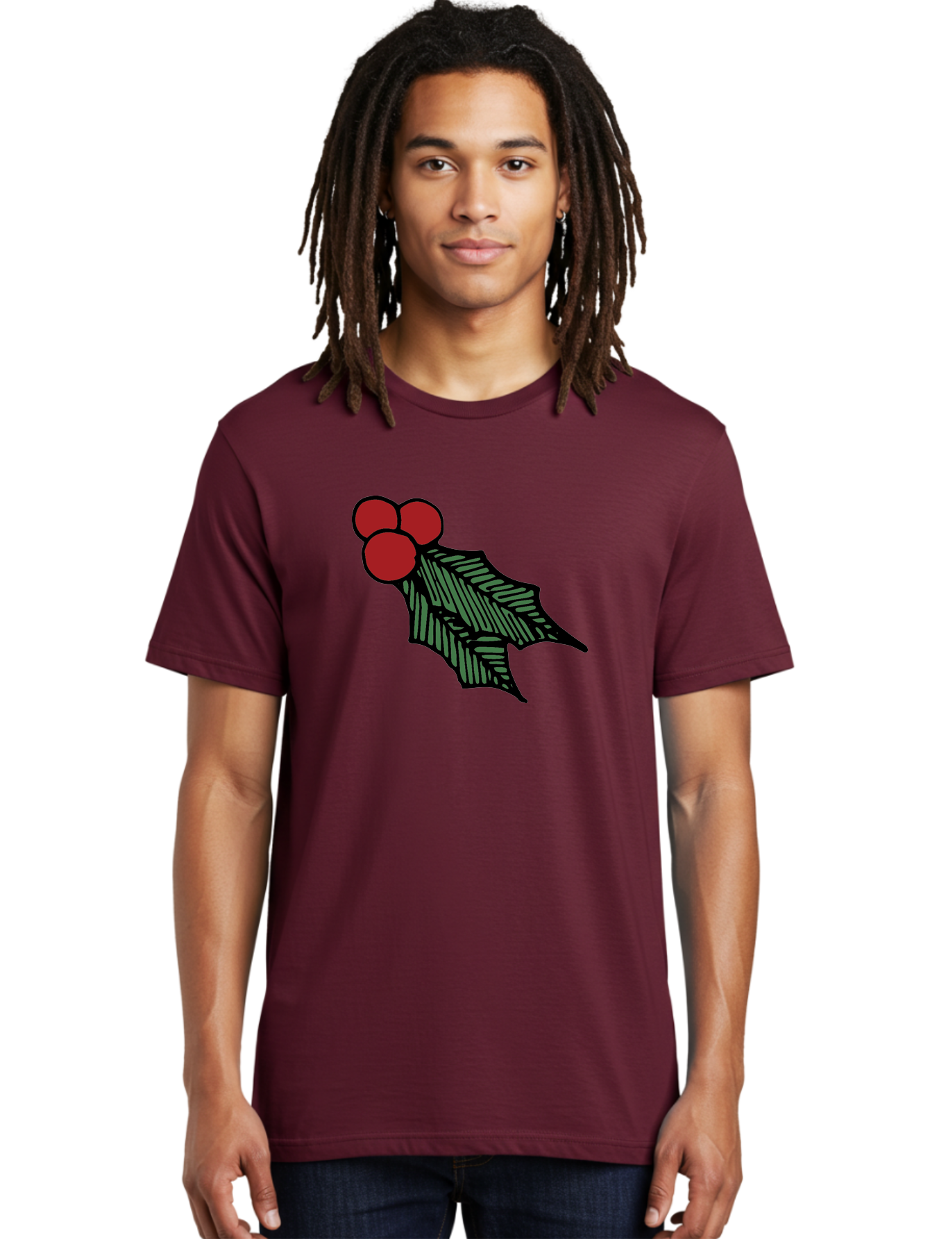 Holly-Leaf-With-Berries Men'S Graphic Tee, 100% Cotton, Comfortable Casual Summer Wear, Machine Washable, Holiday Decor, Festive Illustration, Christmas Symbolism, Holly Leaves, Red Berries, Winter Decoration, Seasonal Graphics -  Aaa933