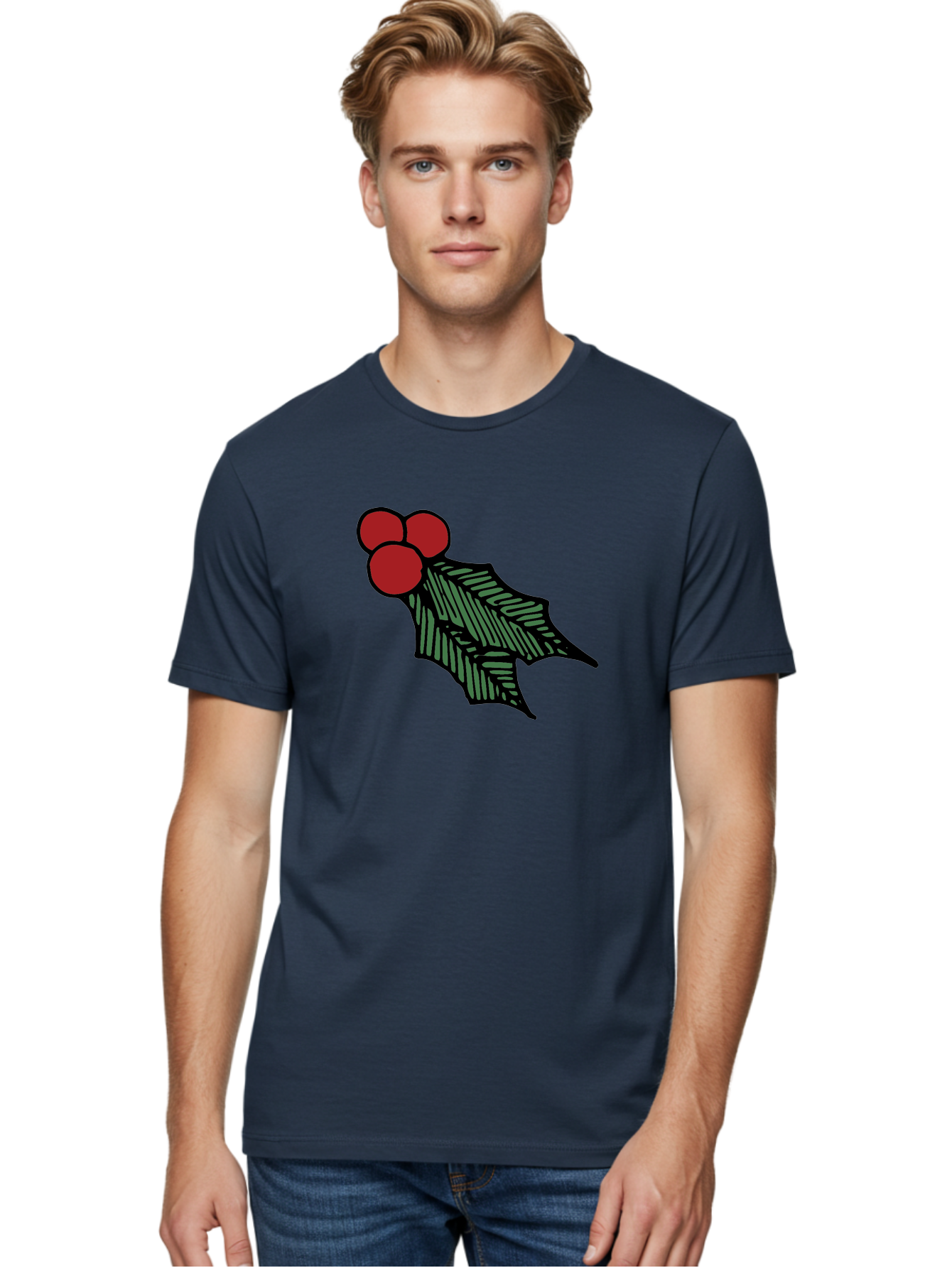 Holly-Leaf-With-Berries Men'S Graphic Tee, 100% Cotton, Comfortable Casual Summer Wear, Machine Washable, Holiday Decor, Festive Illustration, Christmas Symbolism, Holly Leaves, Red Berries, Winter Decoration, Seasonal Graphics -  Aaa933
