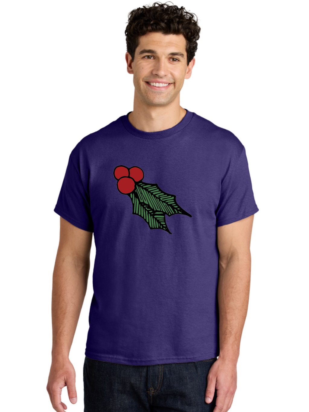 Holly-Leaf-With-Berries Men'S Graphic Tee, 100% Cotton, Comfortable Casual Summer Wear, Machine Washable, Holiday Decor, Festive Illustration, Christmas Symbolism, Holly Leaves, Red Berries, Winter Decoration, Seasonal Graphics -  Aaa933
