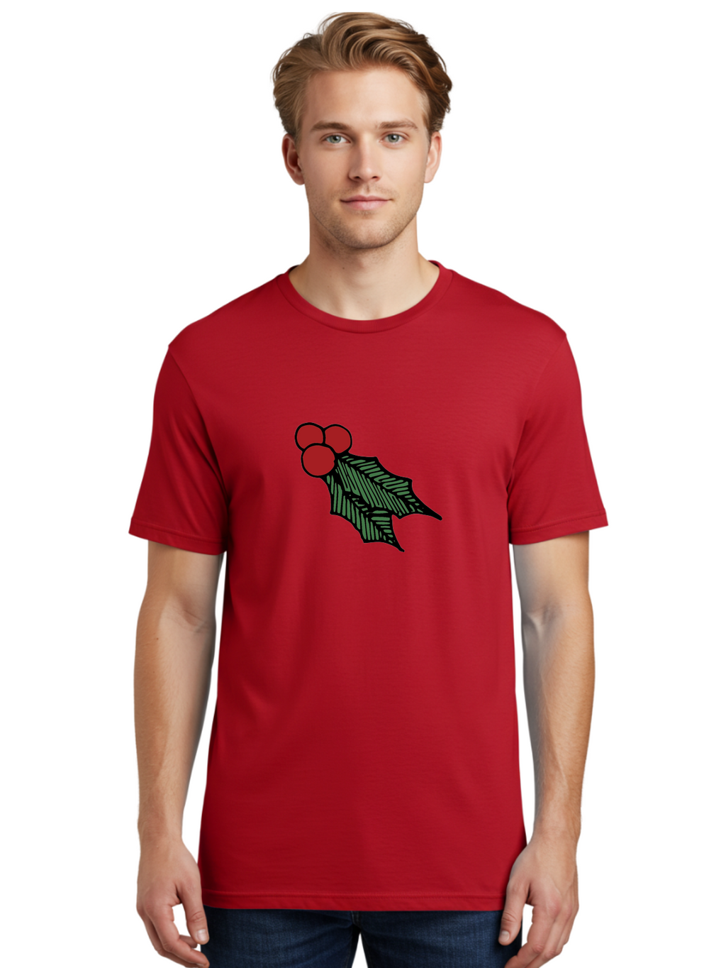 Holly-Leaf-With-Berries Men'S Graphic Tee, 100% Cotton, Comfortable Casual Summer Wear, Machine Washable, Holiday Decor, Festive Illustration, Christmas Symbolism, Holly Leaves, Red Berries, Winter Decoration, Seasonal Graphics -  Aaa933