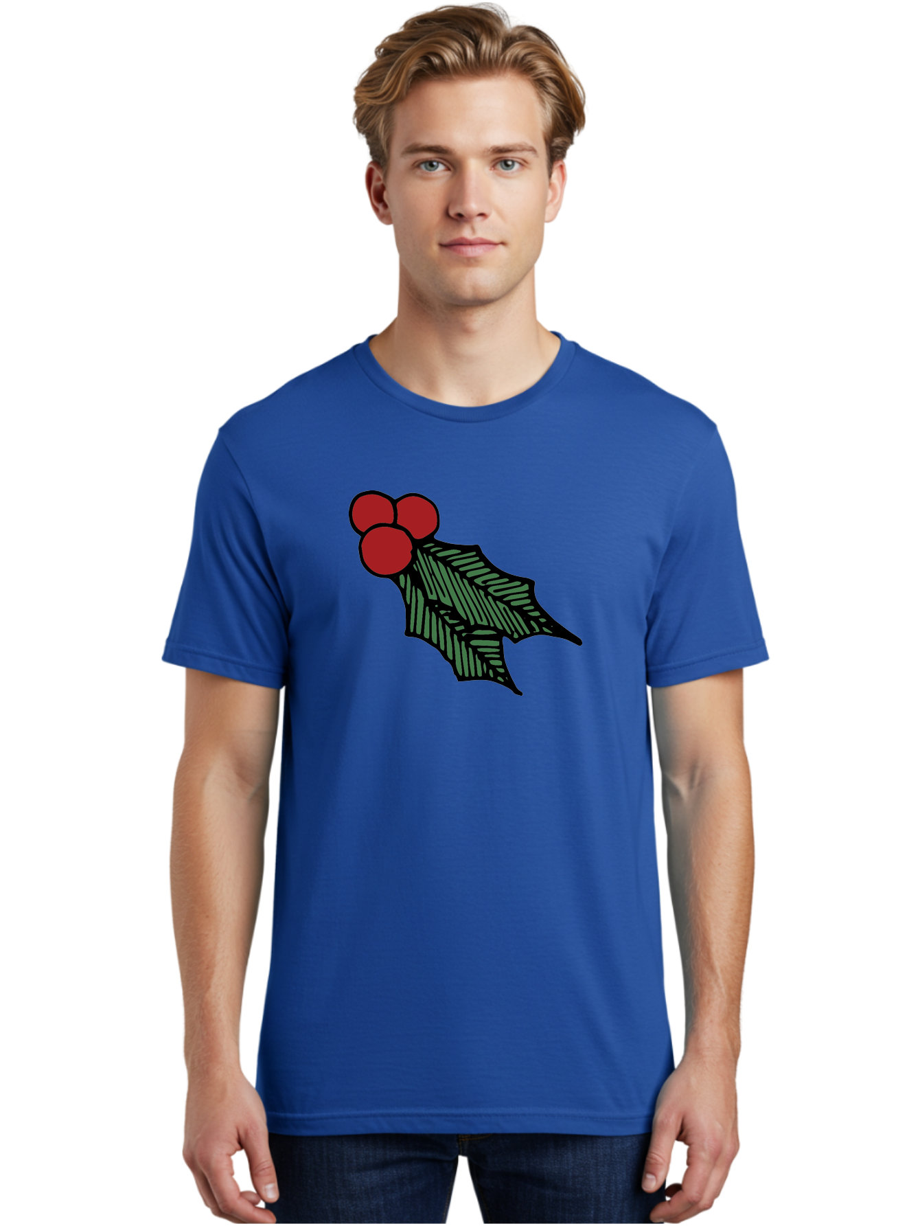 Holly-Leaf-With-Berries Men'S Graphic Tee, 100% Cotton, Comfortable Casual Summer Wear, Machine Washable, Holiday Decor, Festive Illustration, Christmas Symbolism, Holly Leaves, Red Berries, Winter Decoration, Seasonal Graphics -  Aaa933