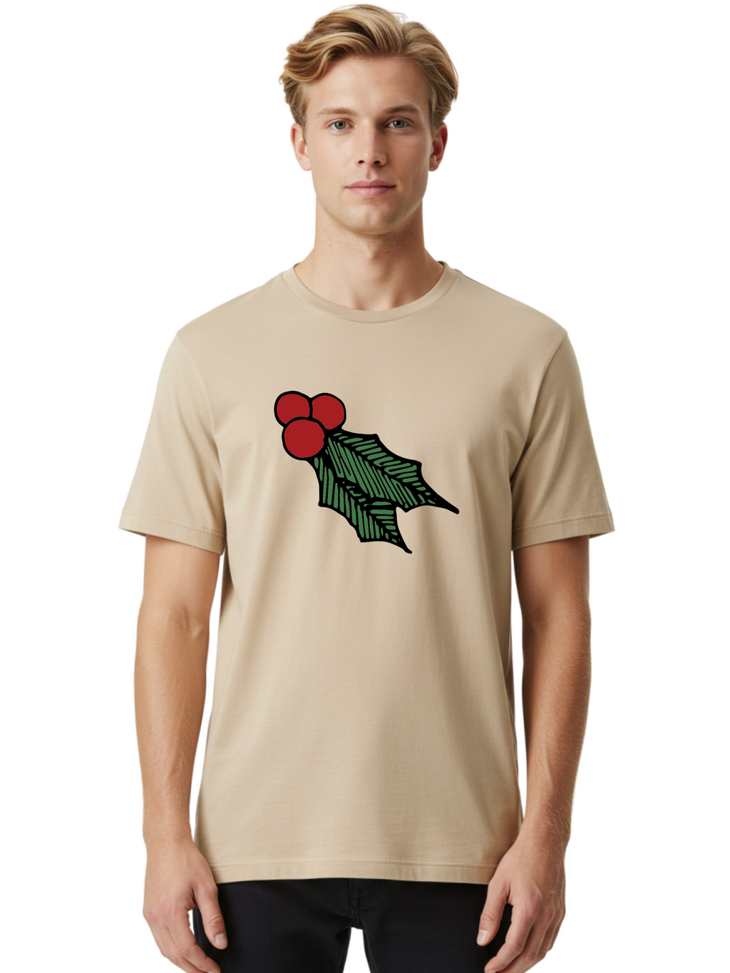 Holly-Leaf-With-Berries Men'S Graphic Tee, 100% Cotton, Comfortable Casual Summer Wear, Machine Washable, Holiday Decor, Festive Illustration, Christmas Symbolism, Holly Leaves, Red Berries, Winter Decoration, Seasonal Graphics -  Aaa933
