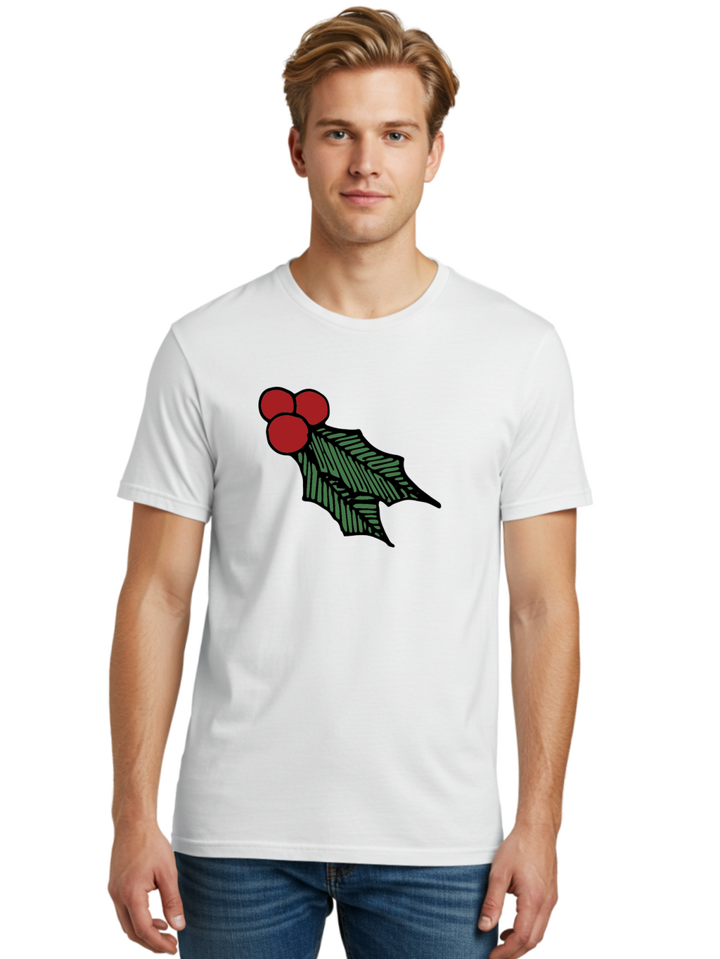 Holly-Leaf-With-Berries Men'S Graphic Tee, 100% Cotton, Comfortable Casual Summer Wear, Machine Washable, Holiday Decor, Festive Illustration, Christmas Symbolism, Holly Leaves, Red Berries, Winter Decoration, Seasonal Graphics -  Aaa933