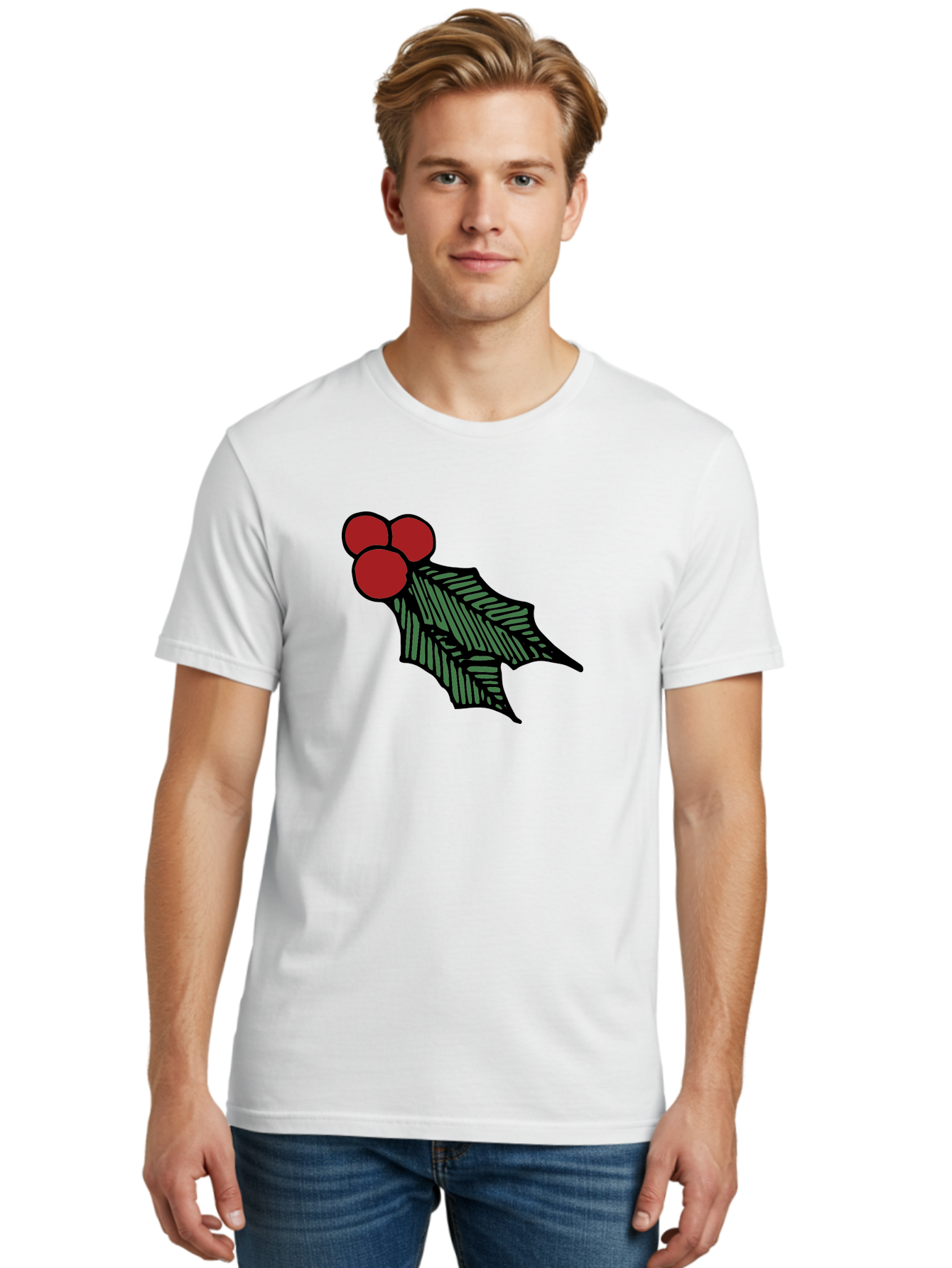Holly-Leaf-With-Berries Men'S Graphic Tee, 100% Cotton, Comfortable Casual Summer Wear, Machine Washable, Holiday Decor, Festive Illustration, Christmas Symbolism, Holly Leaves, Red Berries, Winter Decoration, Seasonal Graphics -  Aaa933