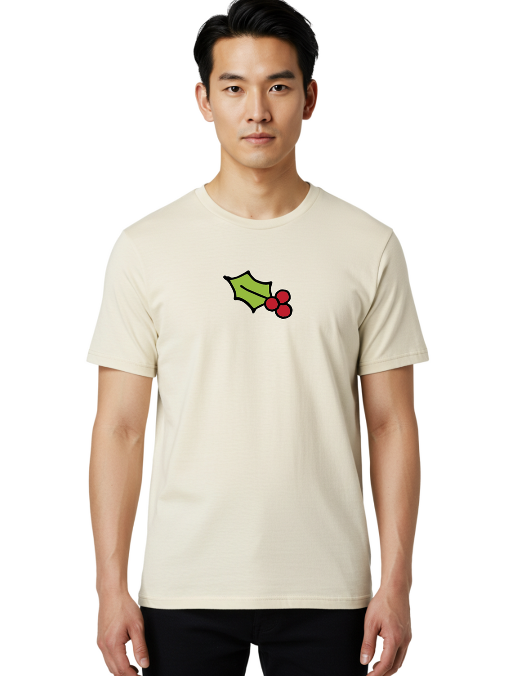 Holly-Leaves-And-Berries-1 Men'S Graphic Tee, 100% Cotton, Comfortable Casual Summer Wear, Machine Washable, Holly Leaf Illustration, Red Berries, Festive Decor, Holiday Theme, Christmas Symbol, Winter Decoration, Cartoon Style, -  Aaa934