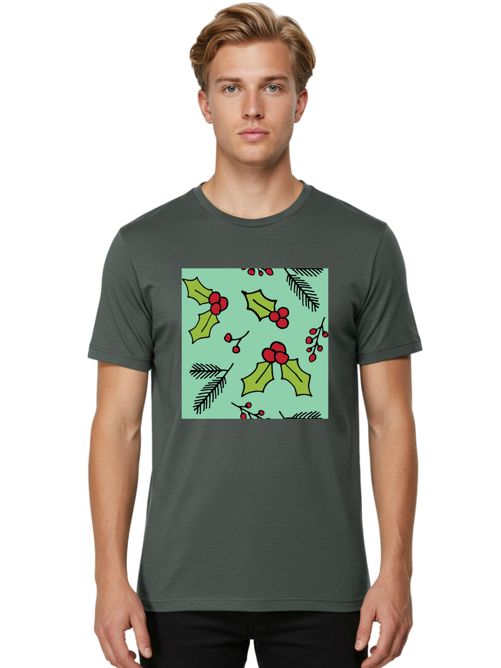 Holly-Pattern Men'S Graphic Tee, 100% Cotton, Comfortable Casual Summer Wear, Machine Washable, Holly Leaves, Red Berries, Festive Pattern, Christmas Decor, Winter Theme, Seasonal Design, Holiday Illustration, Green Leaves, Black Outlines -  Aaa937