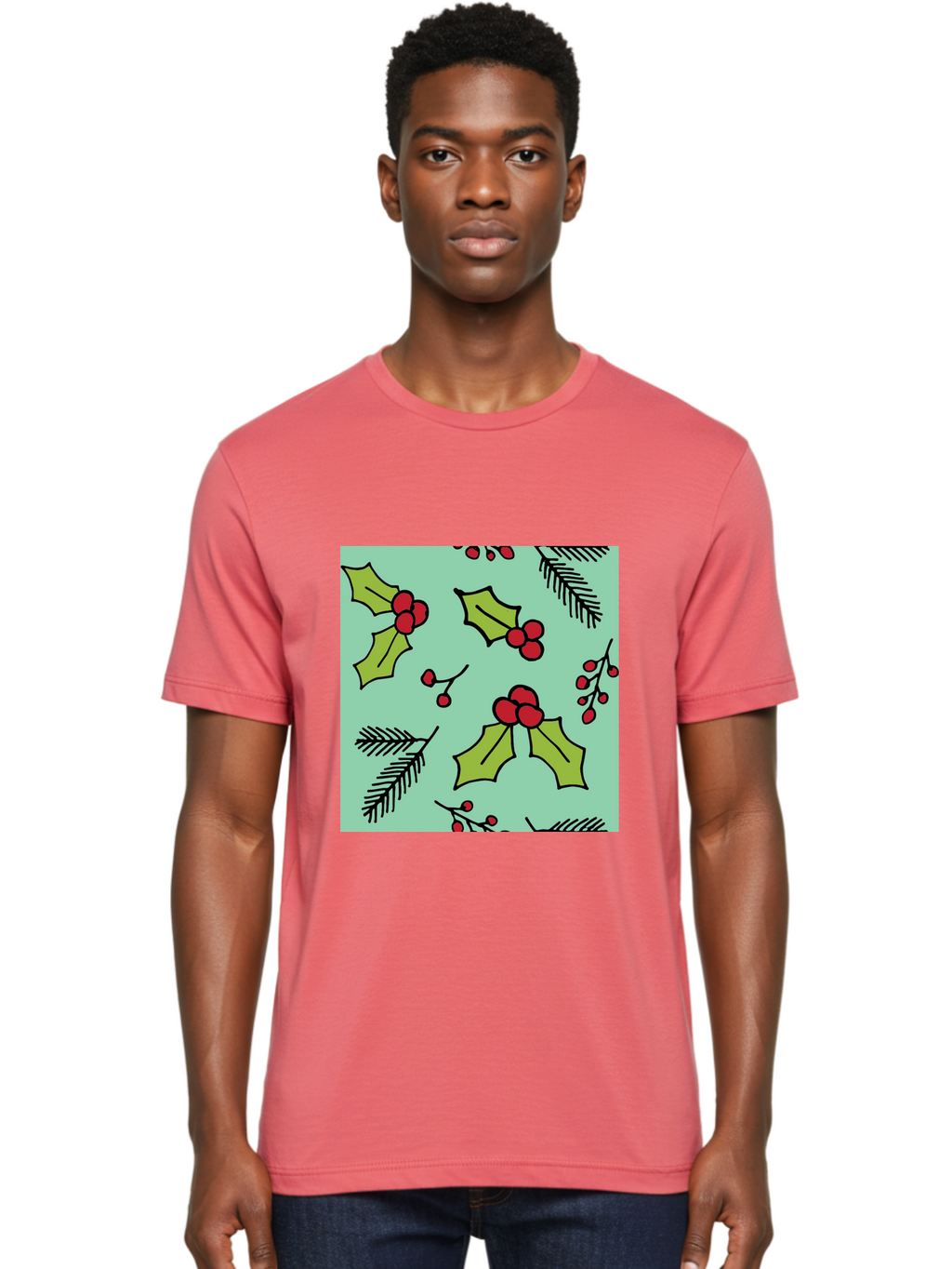 Holly-Pattern Men'S Graphic Tee, 100% Cotton, Comfortable Casual Summer Wear, Machine Washable, Holly Leaves, Red Berries, Festive Pattern, Christmas Decor, Winter Theme, Seasonal Design, Holiday Illustration, Green Leaves, Black Outlines -  Aaa937
