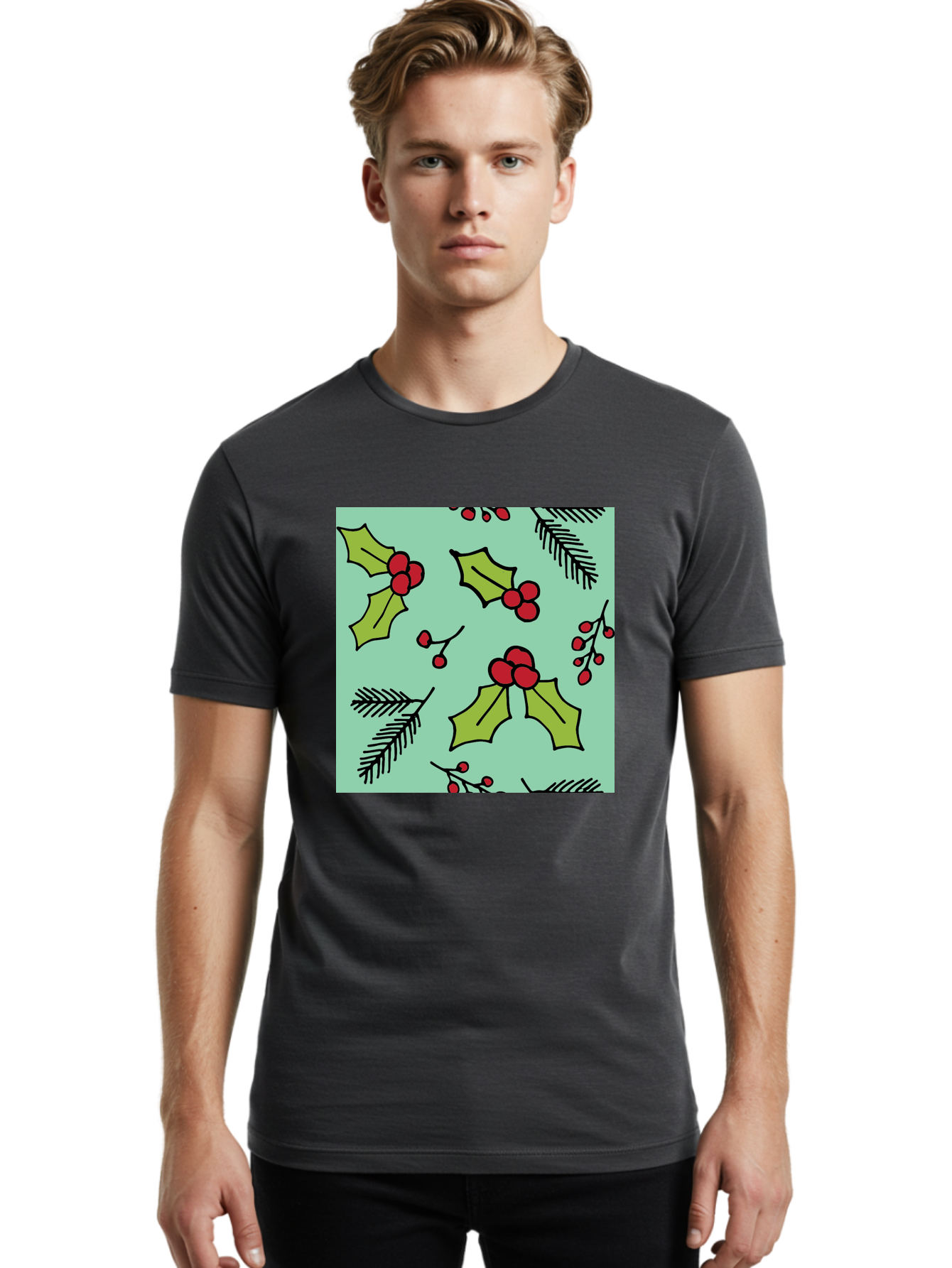 Holly-Pattern Men'S Graphic Tee, 100% Cotton, Comfortable Casual Summer Wear, Machine Washable, Holly Leaves, Red Berries, Festive Pattern, Christmas Decor, Winter Theme, Seasonal Design, Holiday Illustration, Green Leaves, Black Outlines -  Aaa937