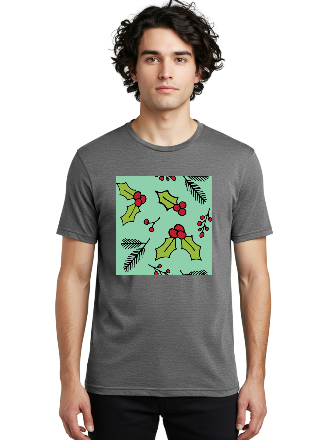 Holly-Pattern Men'S Graphic Tee, 100% Cotton, Comfortable Casual Summer Wear, Machine Washable, Holly Leaves, Red Berries, Festive Pattern, Christmas Decor, Winter Theme, Seasonal Design, Holiday Illustration, Green Leaves, Black Outlines -  Aaa937