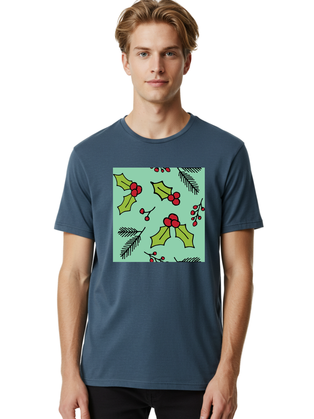 Holly-Pattern Men'S Graphic Tee, 100% Cotton, Comfortable Casual Summer Wear, Machine Washable, Holly Leaves, Red Berries, Festive Pattern, Christmas Decor, Winter Theme, Seasonal Design, Holiday Illustration, Green Leaves, Black Outlines -  Aaa937