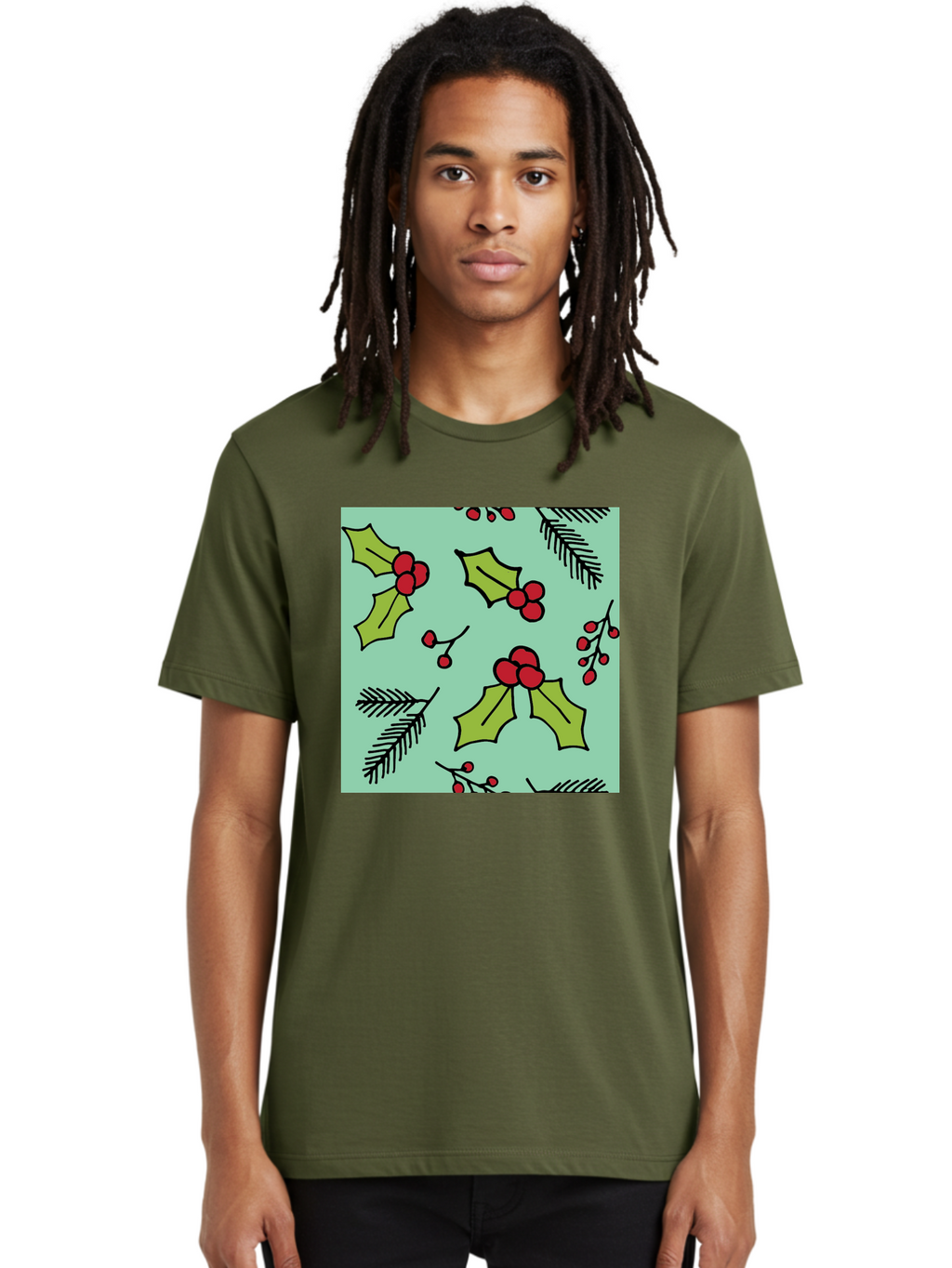 Holly-Pattern Men'S Graphic Tee, 100% Cotton, Comfortable Casual Summer Wear, Machine Washable, Holly Leaves, Red Berries, Festive Pattern, Christmas Decor, Winter Theme, Seasonal Design, Holiday Illustration, Green Leaves, Black Outlines -  Aaa937