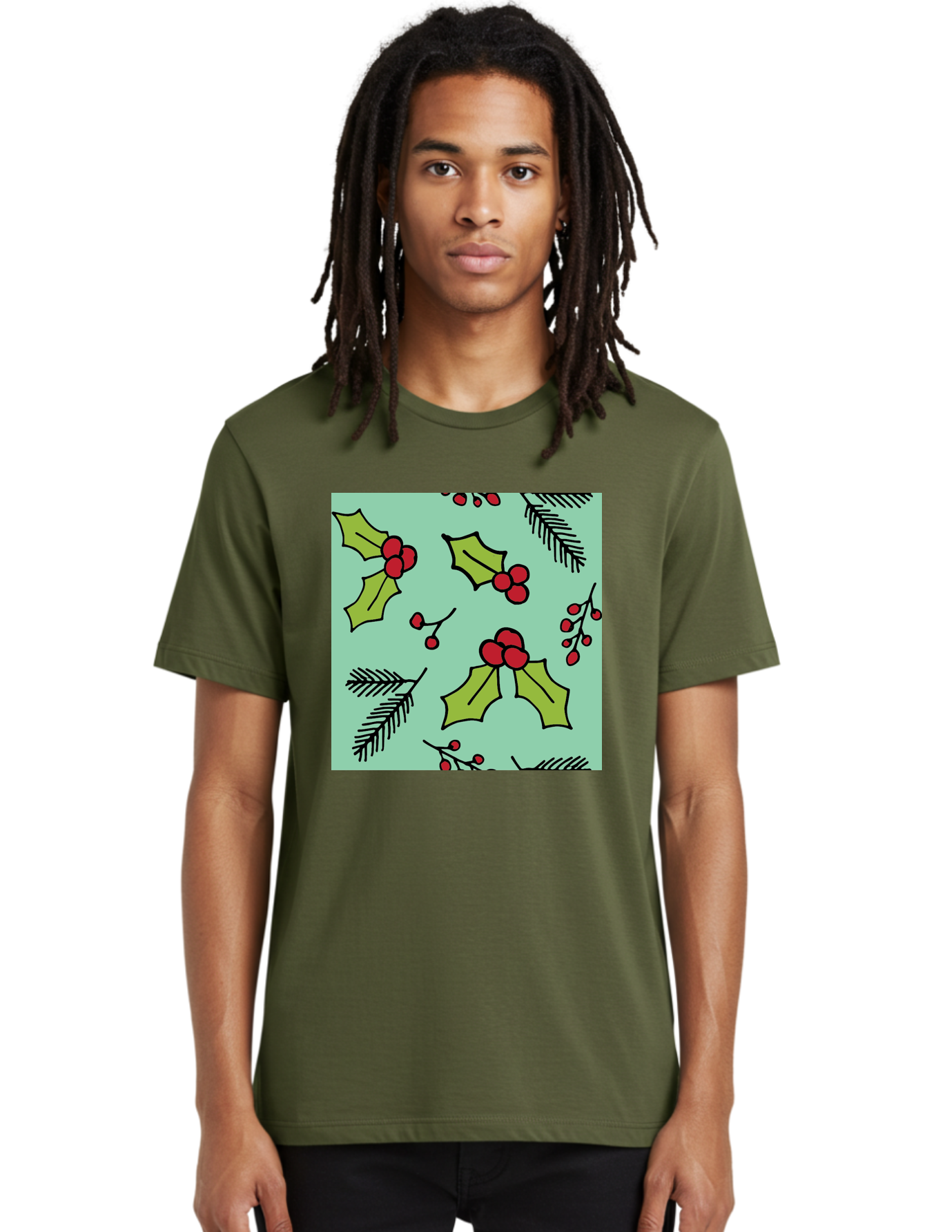 Holly-Pattern Men'S Graphic Tee, 100% Cotton, Comfortable Casual Summer Wear, Machine Washable, Holly Leaves, Red Berries, Festive Pattern, Christmas Decor, Winter Theme, Seasonal Design, Holiday Illustration, Green Leaves, Black Outlines -  Aaa937