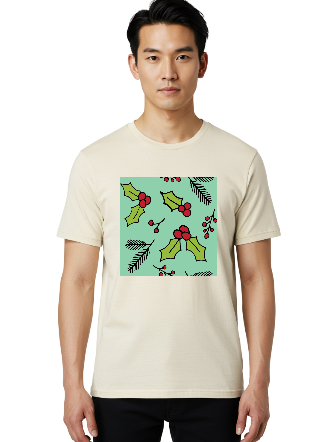 Holly-Pattern Men'S Graphic Tee, 100% Cotton, Comfortable Casual Summer Wear, Machine Washable, Holly Leaves, Red Berries, Festive Pattern, Christmas Decor, Winter Theme, Seasonal Design, Holiday Illustration, Green Leaves, Black Outlines -  Aaa937