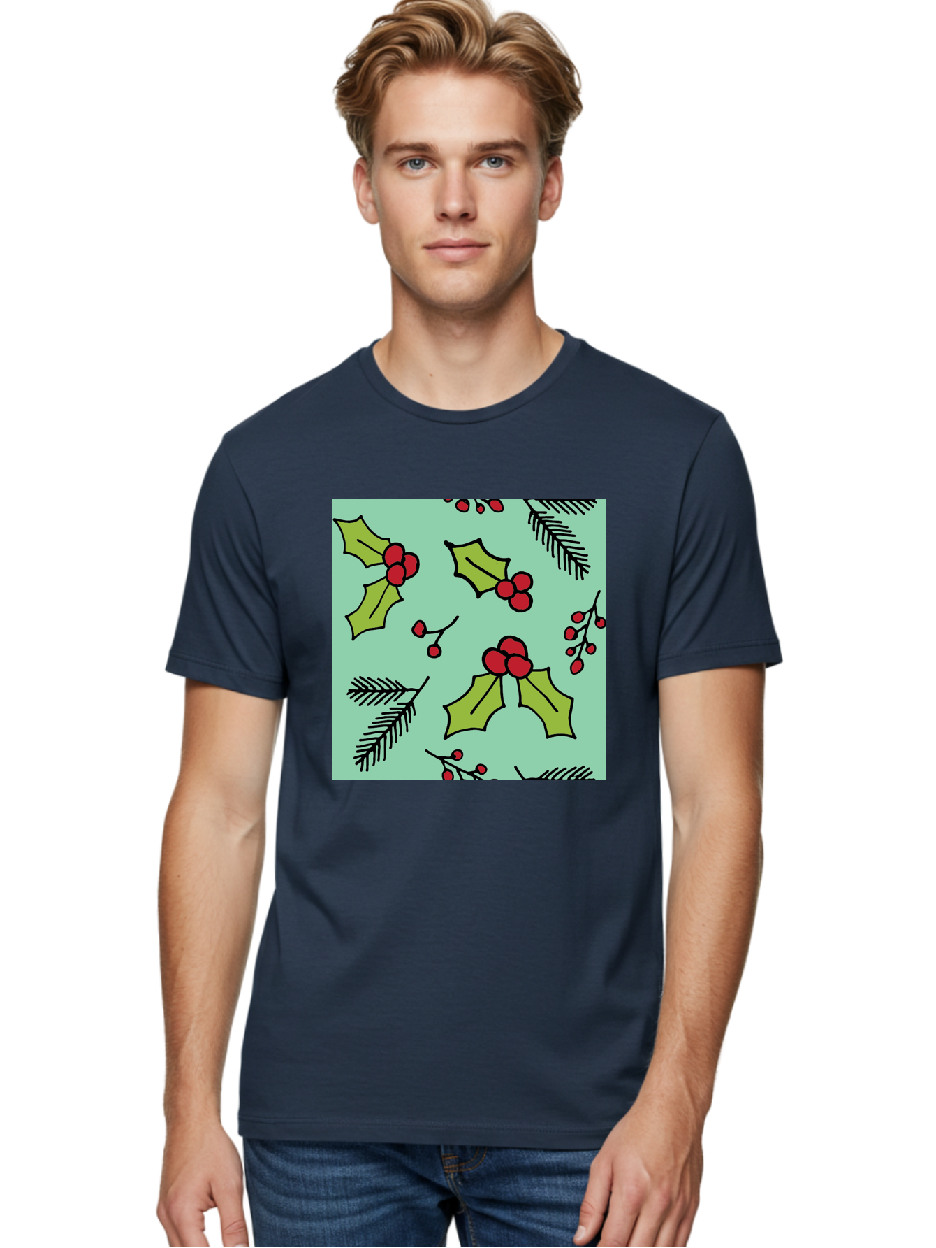 Holly-Pattern Men'S Graphic Tee, 100% Cotton, Comfortable Casual Summer Wear, Machine Washable, Holly Leaves, Red Berries, Festive Pattern, Christmas Decor, Winter Theme, Seasonal Design, Holiday Illustration, Green Leaves, Black Outlines -  Aaa937