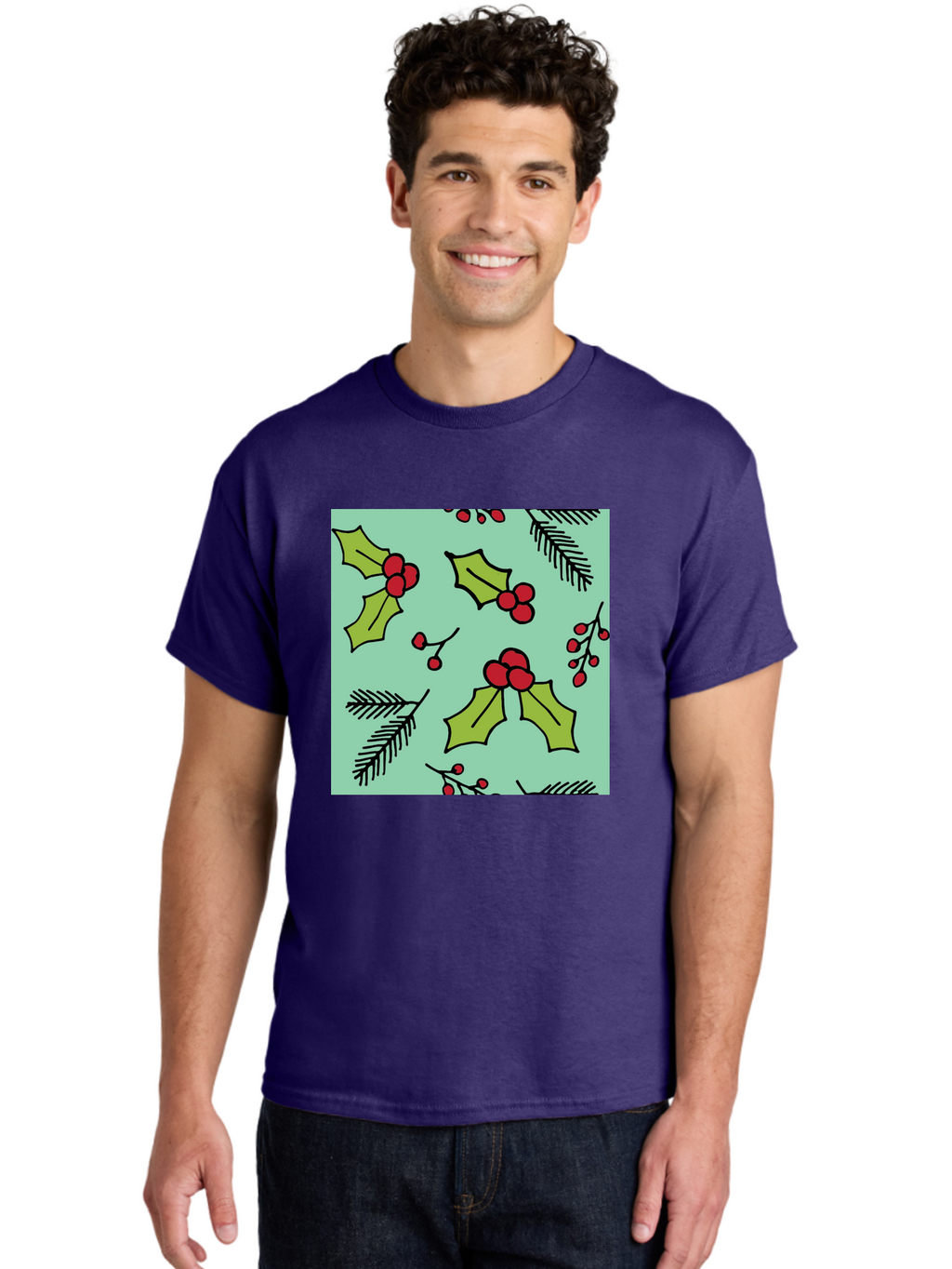Holly-Pattern Men'S Graphic Tee, 100% Cotton, Comfortable Casual Summer Wear, Machine Washable, Holly Leaves, Red Berries, Festive Pattern, Christmas Decor, Winter Theme, Seasonal Design, Holiday Illustration, Green Leaves, Black Outlines -  Aaa937