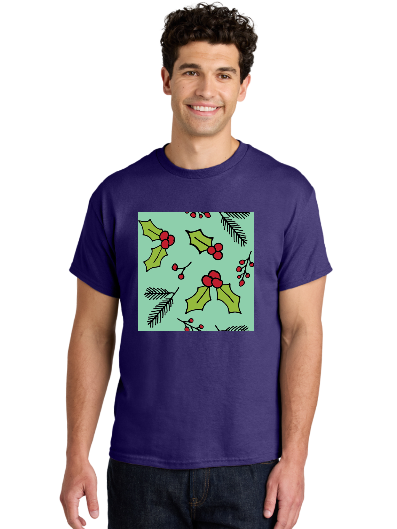 Holly-Pattern Men'S Graphic Tee, 100% Cotton, Comfortable Casual Summer Wear, Machine Washable, Holly Leaves, Red Berries, Festive Pattern, Christmas Decor, Winter Theme, Seasonal Design, Holiday Illustration, Green Leaves, Black Outlines -  Aaa937
