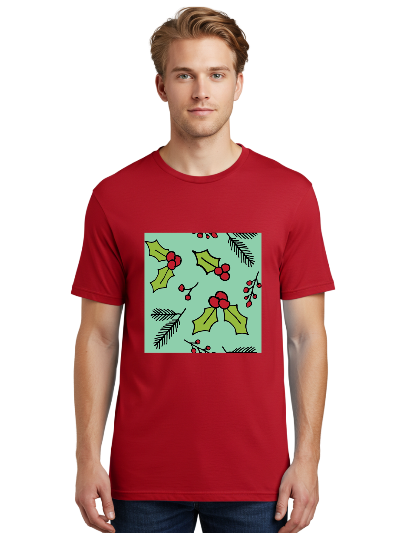 Holly-Pattern Men'S Graphic Tee, 100% Cotton, Comfortable Casual Summer Wear, Machine Washable, Holly Leaves, Red Berries, Festive Pattern, Christmas Decor, Winter Theme, Seasonal Design, Holiday Illustration, Green Leaves, Black Outlines -  Aaa937