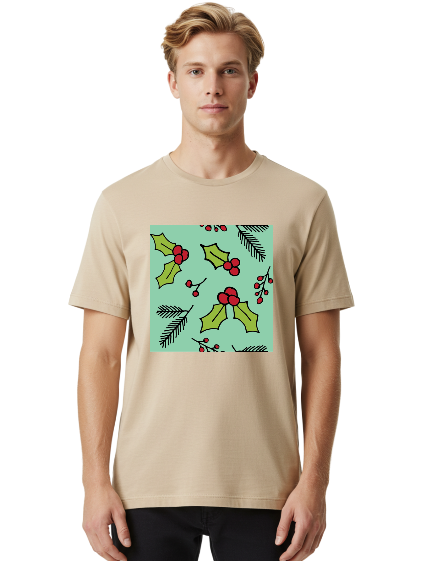 Holly-Pattern Men'S Graphic Tee, 100% Cotton, Comfortable Casual Summer Wear, Machine Washable, Holly Leaves, Red Berries, Festive Pattern, Christmas Decor, Winter Theme, Seasonal Design, Holiday Illustration, Green Leaves, Black Outlines -  Aaa937