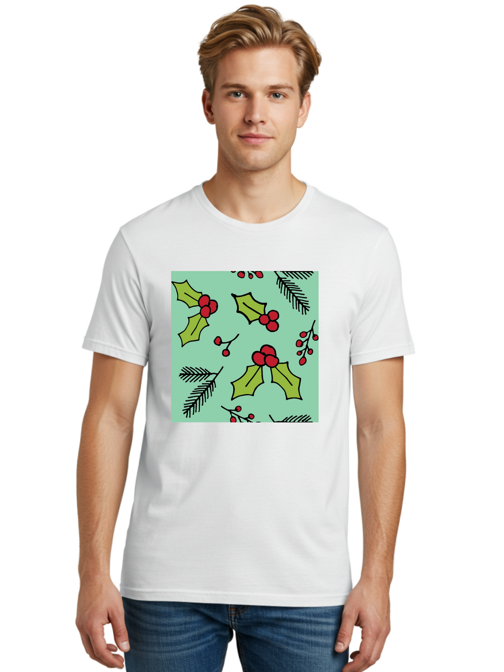 Holly-Pattern Men'S Graphic Tee, 100% Cotton, Comfortable Casual Summer Wear, Machine Washable, Holly Leaves, Red Berries, Festive Pattern, Christmas Decor, Winter Theme, Seasonal Design, Holiday Illustration, Green Leaves, Black Outlines -  Aaa937