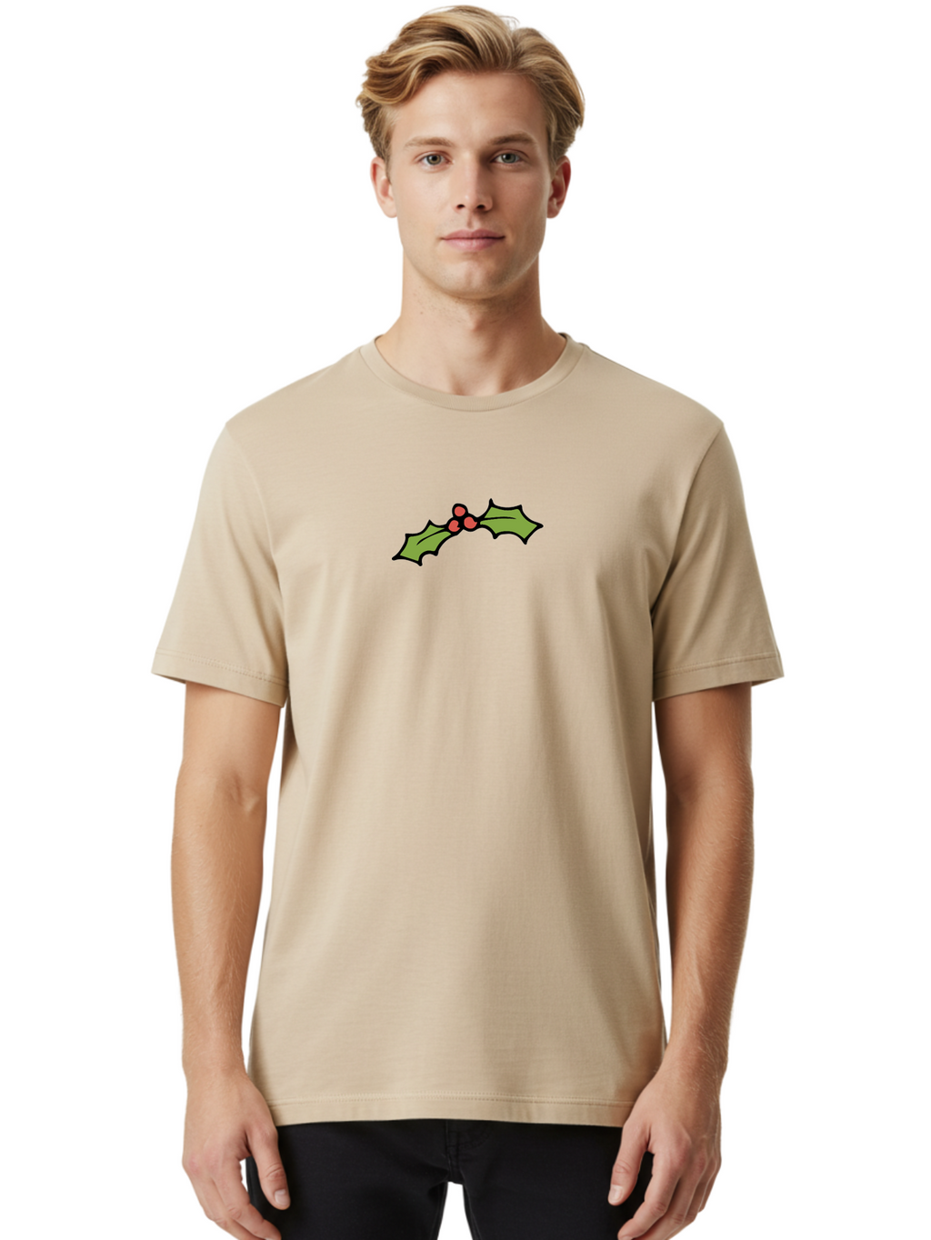 Holly Men'S Graphic Tee, 100% Cotton, Comfortable Casual Summer Wear, Machine Washable, Holiday Decor, Christmas Foliage, Festive Holly, Christmas Decoration, Red Berries, Green Leaves, Festive Atmosphere, Winter Wonderland -  Aaa938