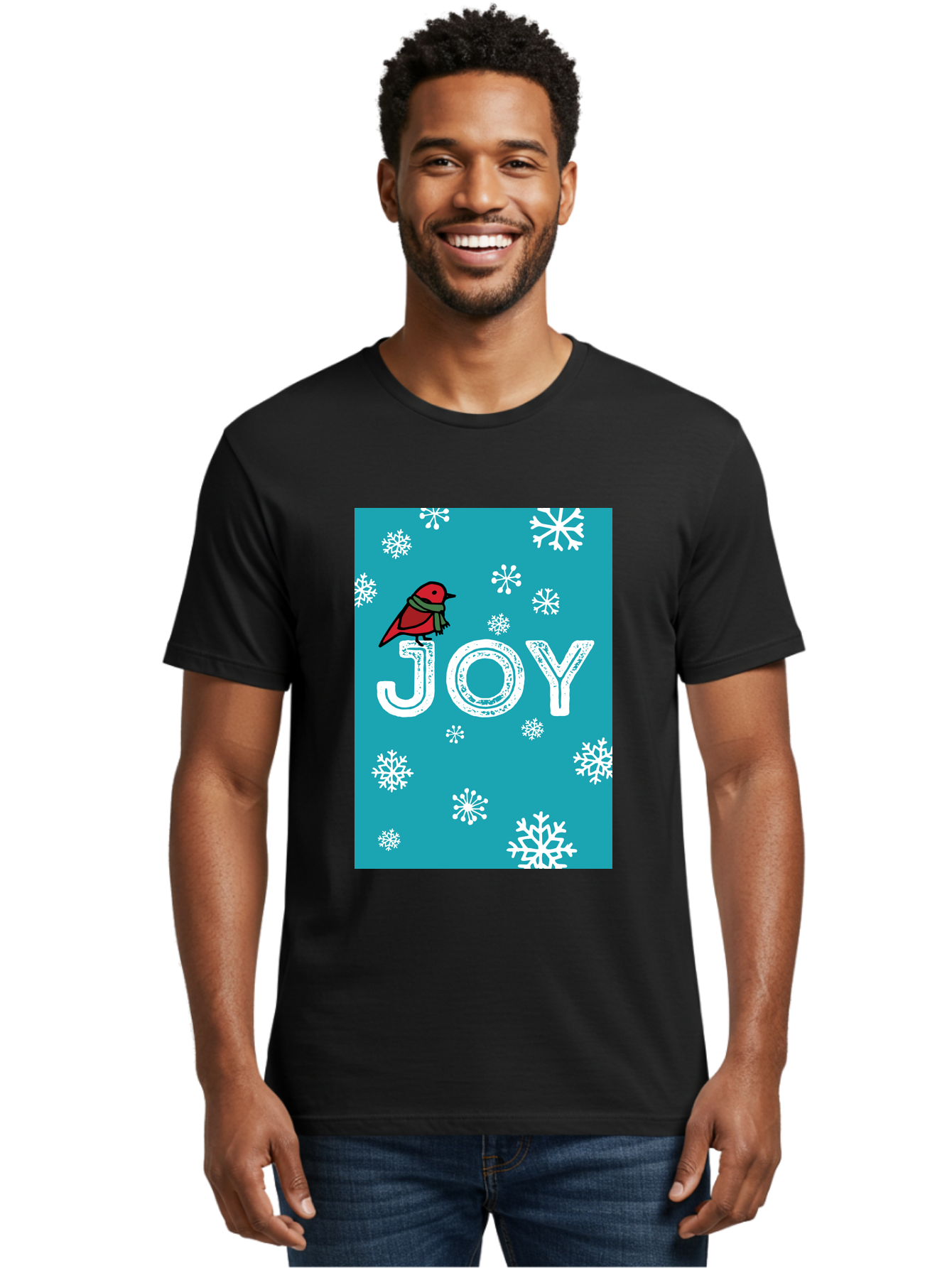 Joy Men'S Graphic Tee, 100% Cotton, Comfortable Casual Summer Wear, Machine Washable, Holiday Cheer, Red Bird, Scarf, Snowflakes, Winter Wonderland, Festive Design, Joyful Atmosphere, Christmas Vibe, Seasonal Greetings -  Aaa955