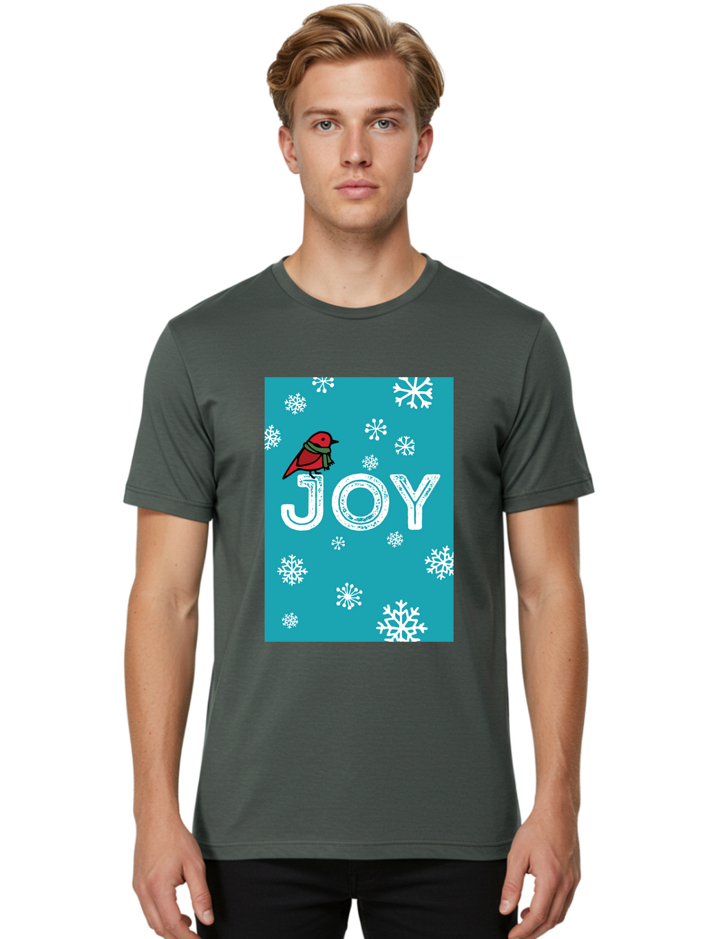 Joy Men'S Graphic Tee, 100% Cotton, Comfortable Casual Summer Wear, Machine Washable, Holiday Cheer, Red Bird, Scarf, Snowflakes, Winter Wonderland, Festive Design, Joyful Atmosphere, Christmas Vibe, Seasonal Greetings -  Aaa955